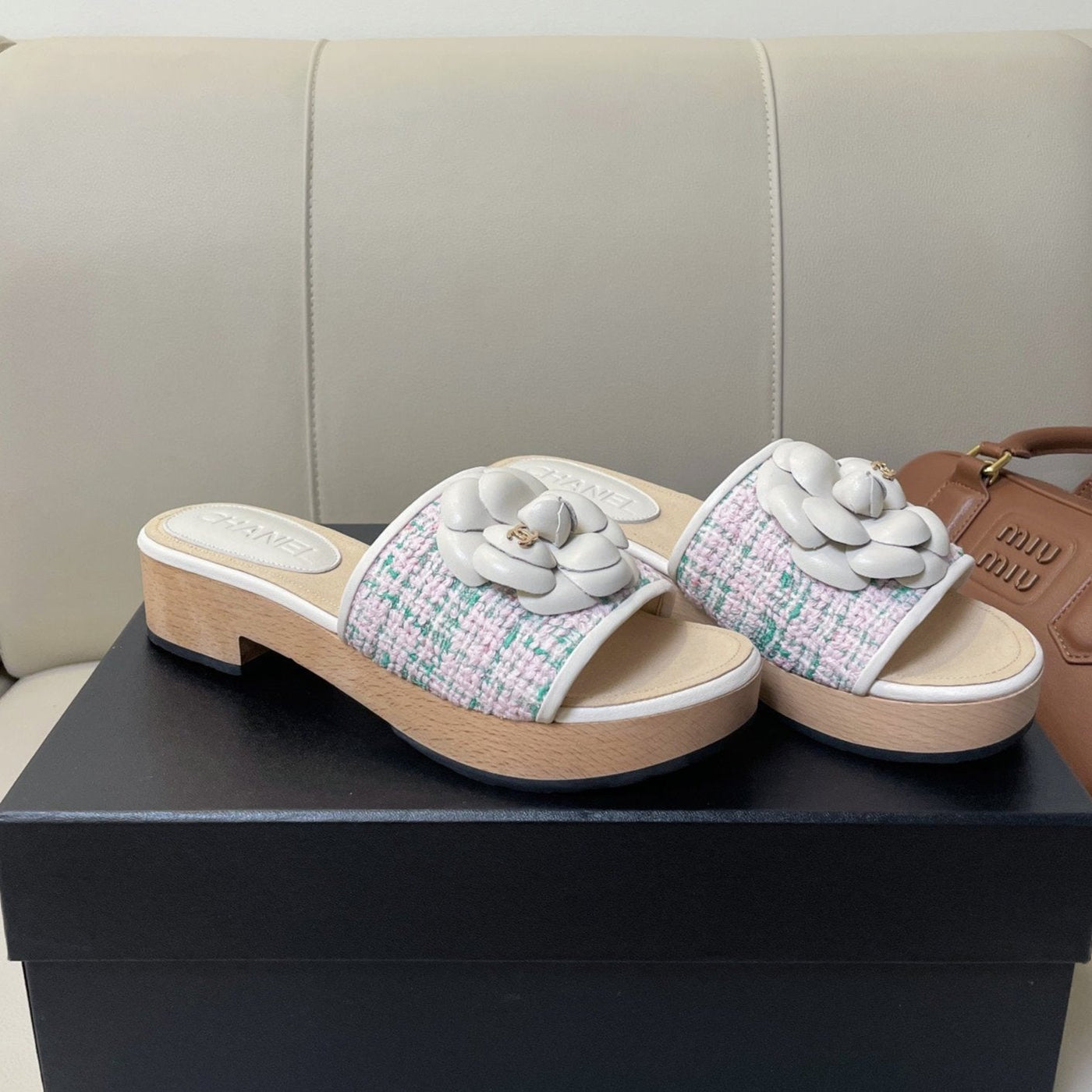 cc mule sandal 45 pink blue fabric beige calfskin | Studio Nafay