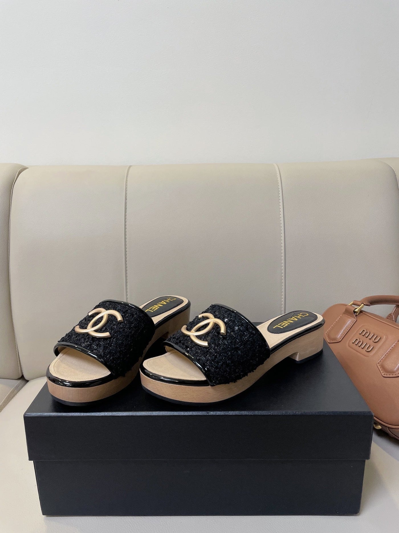 cc mule sandal 45 black tweed beige calfskin - Product Image 6