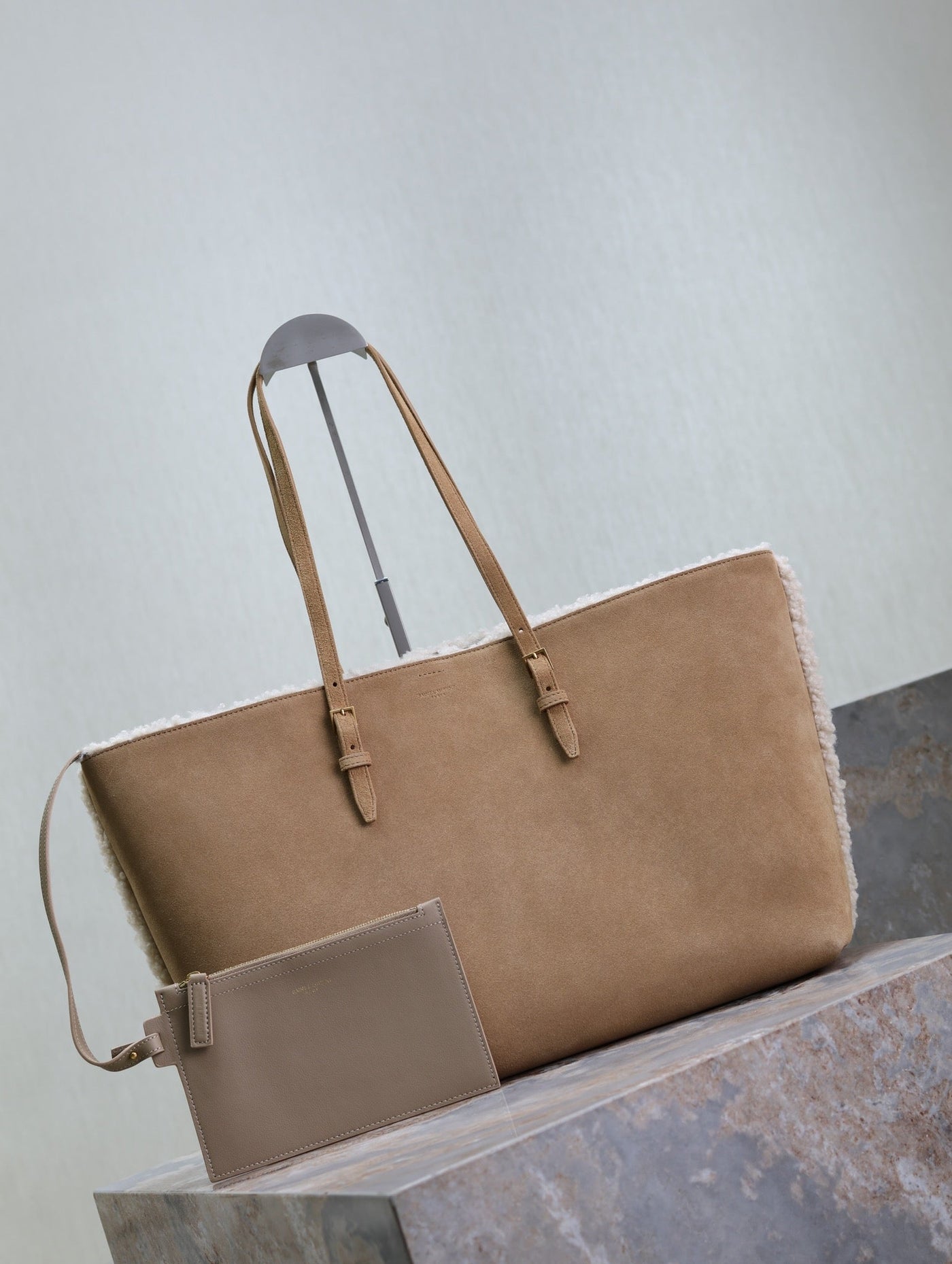 SHOPPING TOTE BAG 38 IN TAN BROWN SUEDE AND WHITE SHEARLING TRIM - Product Image 2