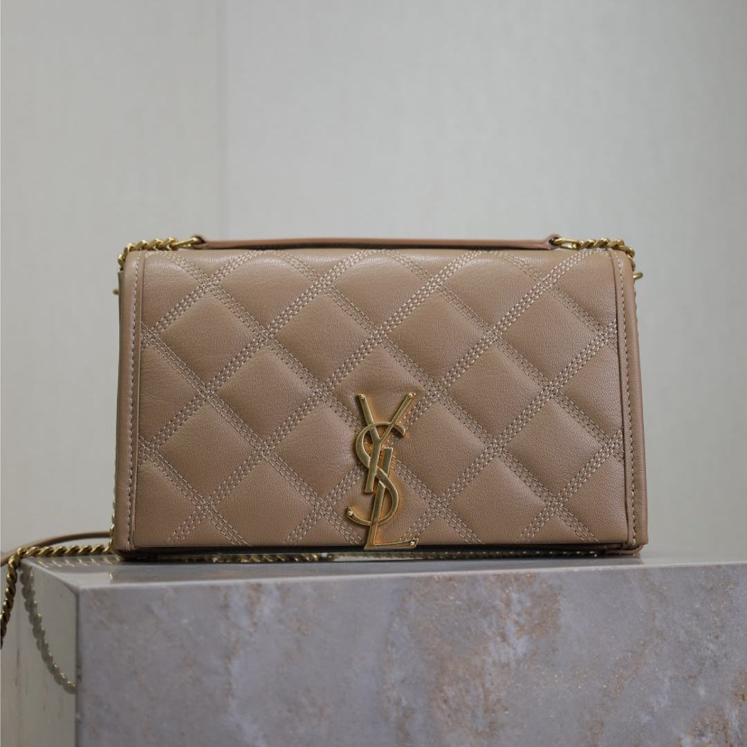 BECKY 22 IN MEDIUM BROWN QUILTED LAMBSKIN GOLD HARDWARE | Studio Nafay