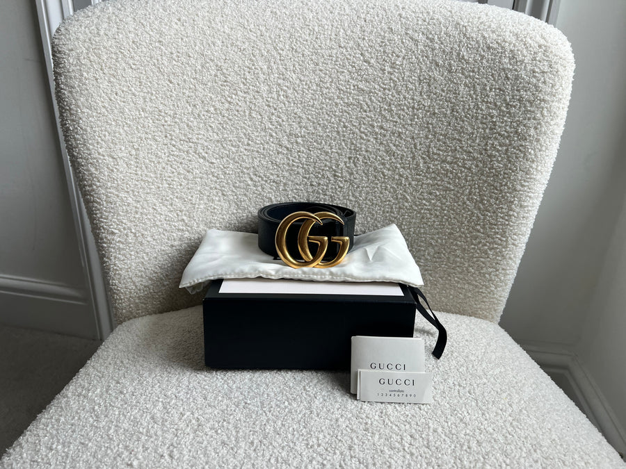 Gucci GG Marmont Black Wide Leather Belt with Shiny Gold Buckle (RRP £410) | Studio Nafay