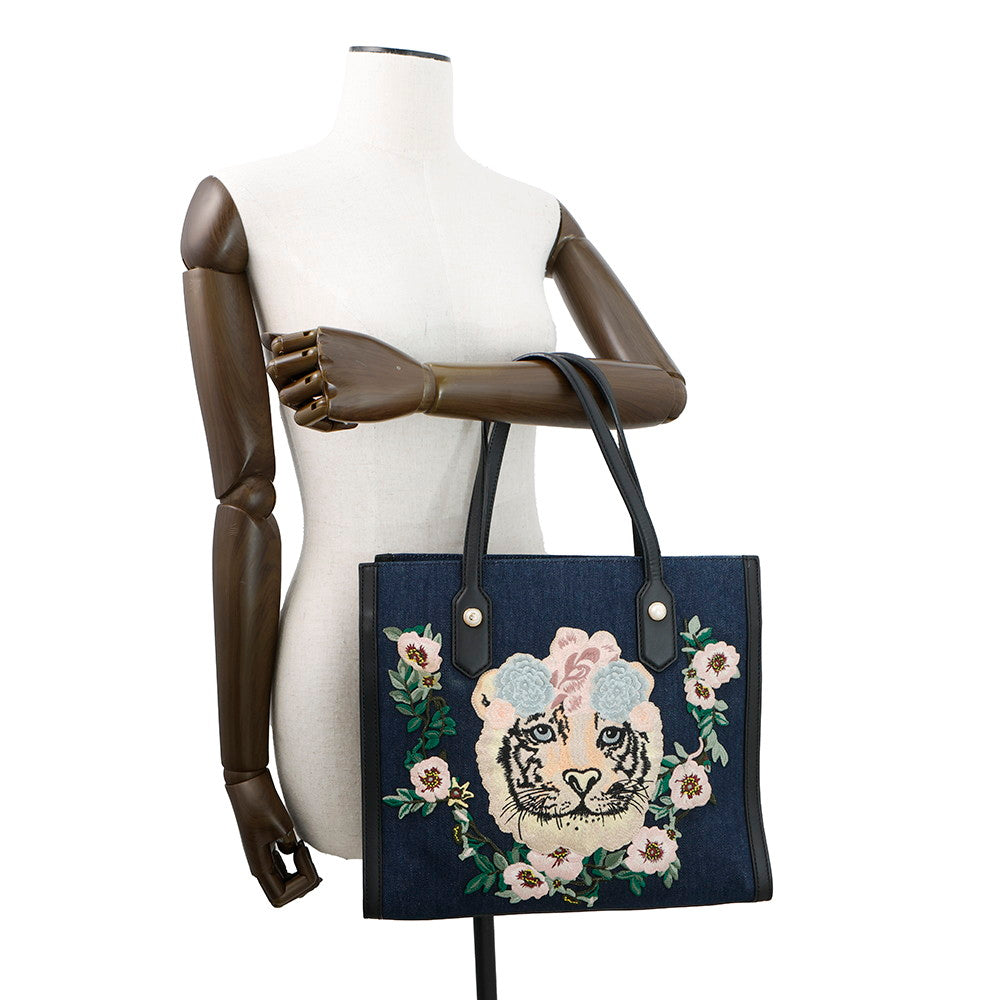 GUCCI Tiger Embroidery Tote Bag Japan Limited Edition Navy/Black456545 Canvas Leather - Product Image 4