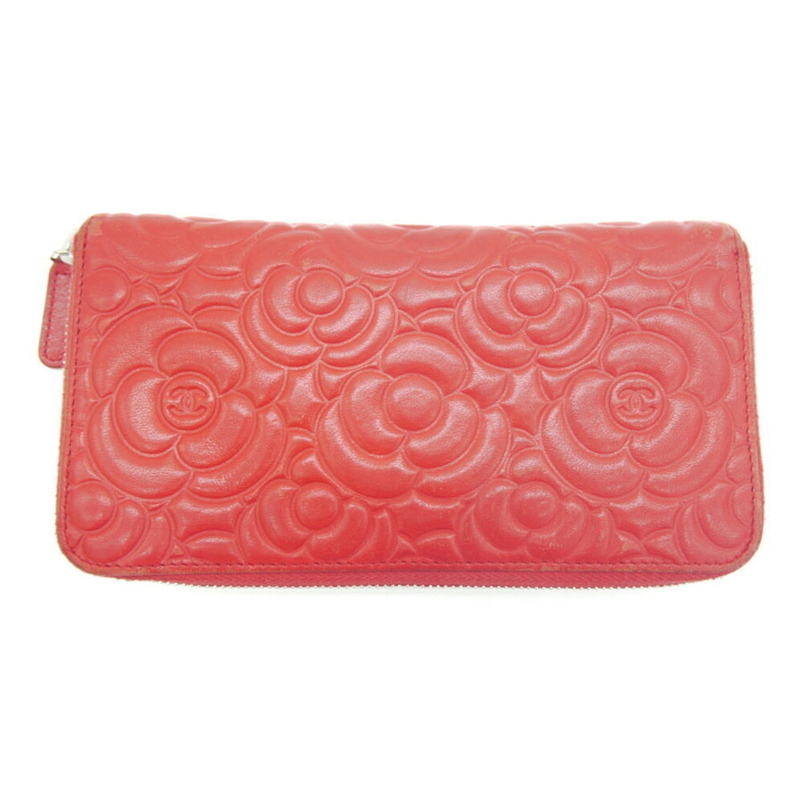 CHANEL camellia embossed round long wallet lambskin red | Studio Nafay