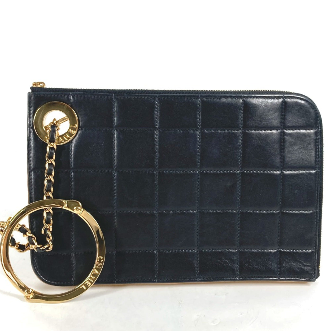 Chanel Chocolate Bar L-shaped zipper Pouch 2WAY Chain Clutch bag Black Gold | Studio Nafay