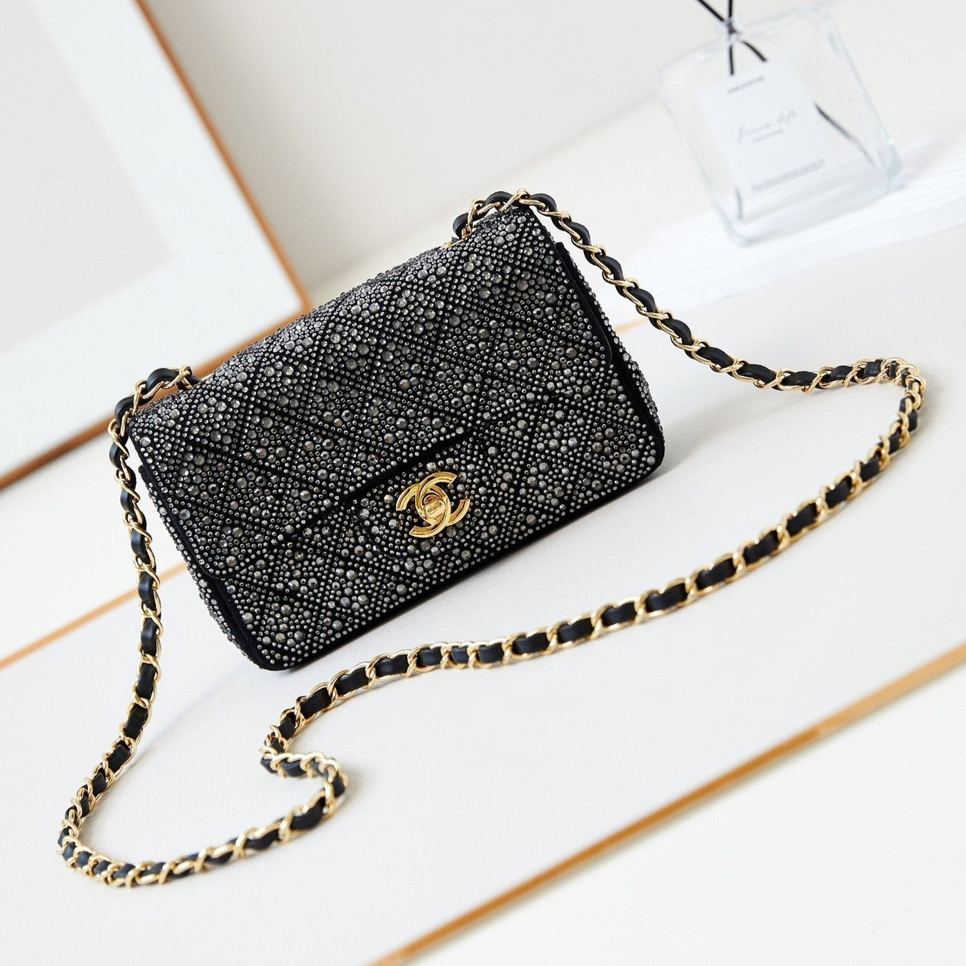 24b mini flap bag 20cm black lambskin silver diamond | Studio Nafay