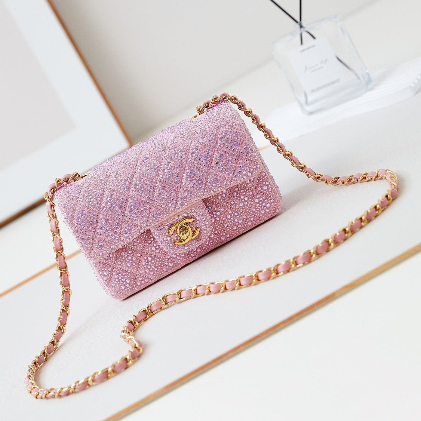 24b mini flap bag 20cm pink lambskin silver purple diamond | Studio Nafay