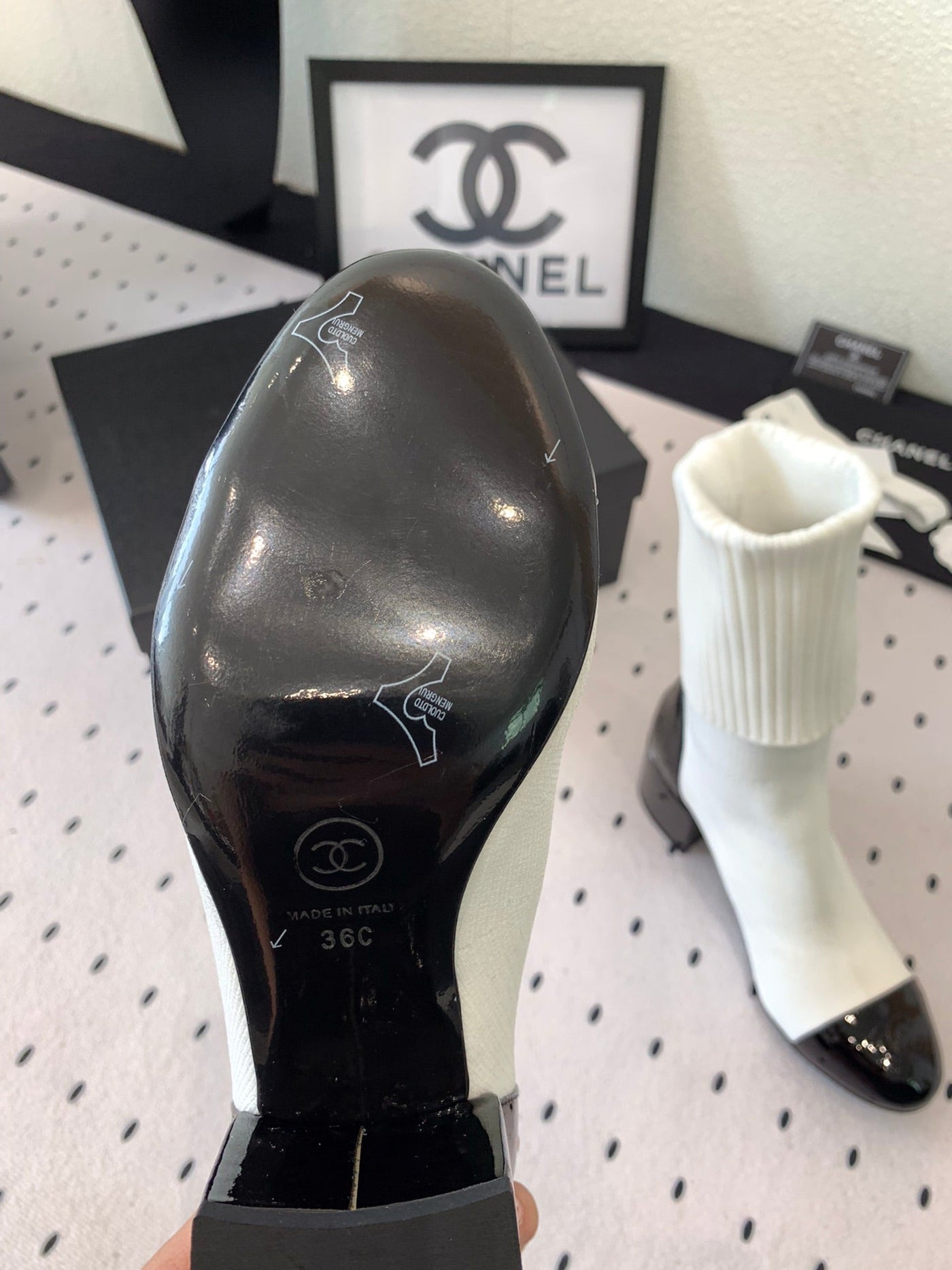 CC Short Boots 55mm White Black Wool Mix Glossy Cowhide 938067 - Product Image 3