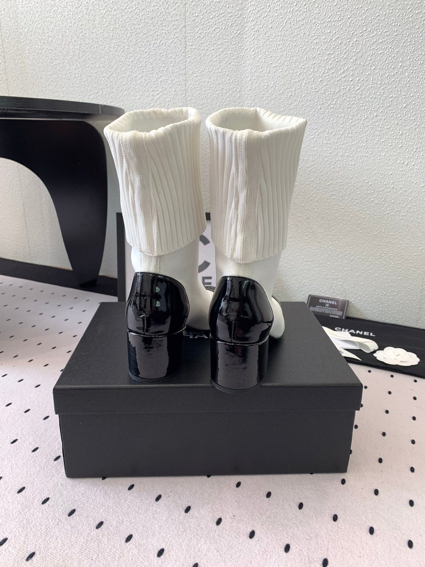 CC Short Boots 55mm White Black Wool Mix Glossy Cowhide 938067 - Product Image 4
