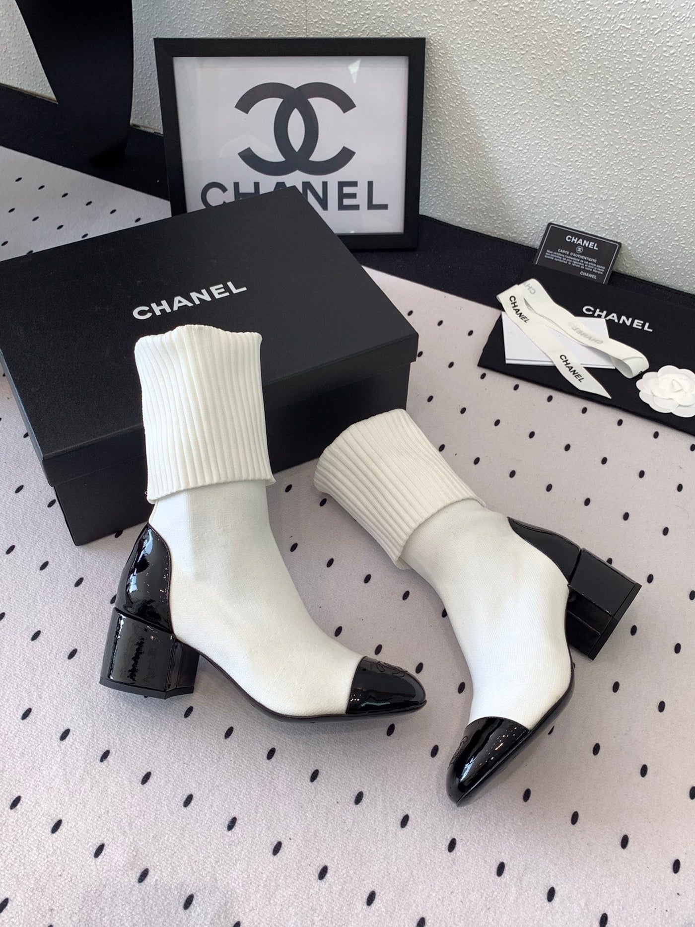 CC Short Boots 55mm White Black Wool Mix Glossy Cowhide 938067 - Product Image 9