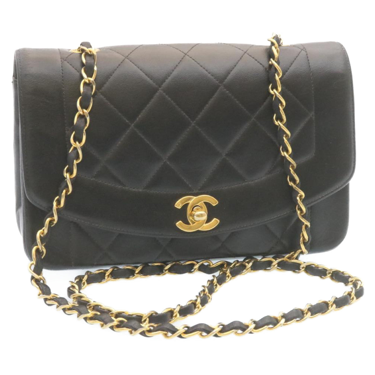 CHANEL Chain Turn Lock Diana Matelasse Shoulder Bag Lamb Skin Black Auth 28470A - Product Image 2