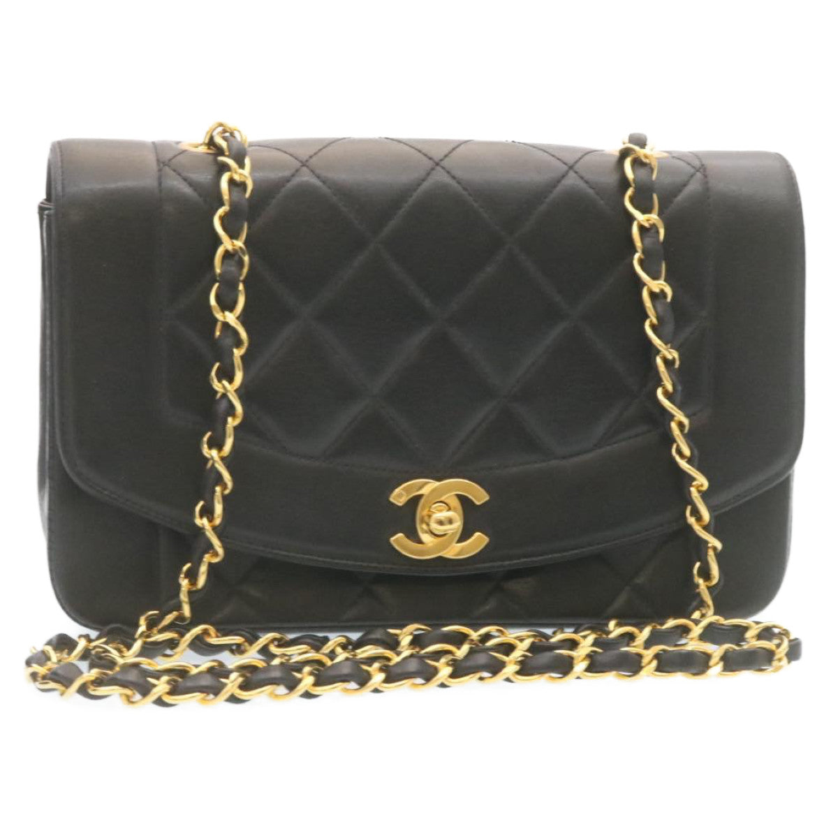 CHANEL Chain Turn Lock Diana Matelasse Shoulder Bag Lamb Skin Black Auth 28643A - Product Image 2
