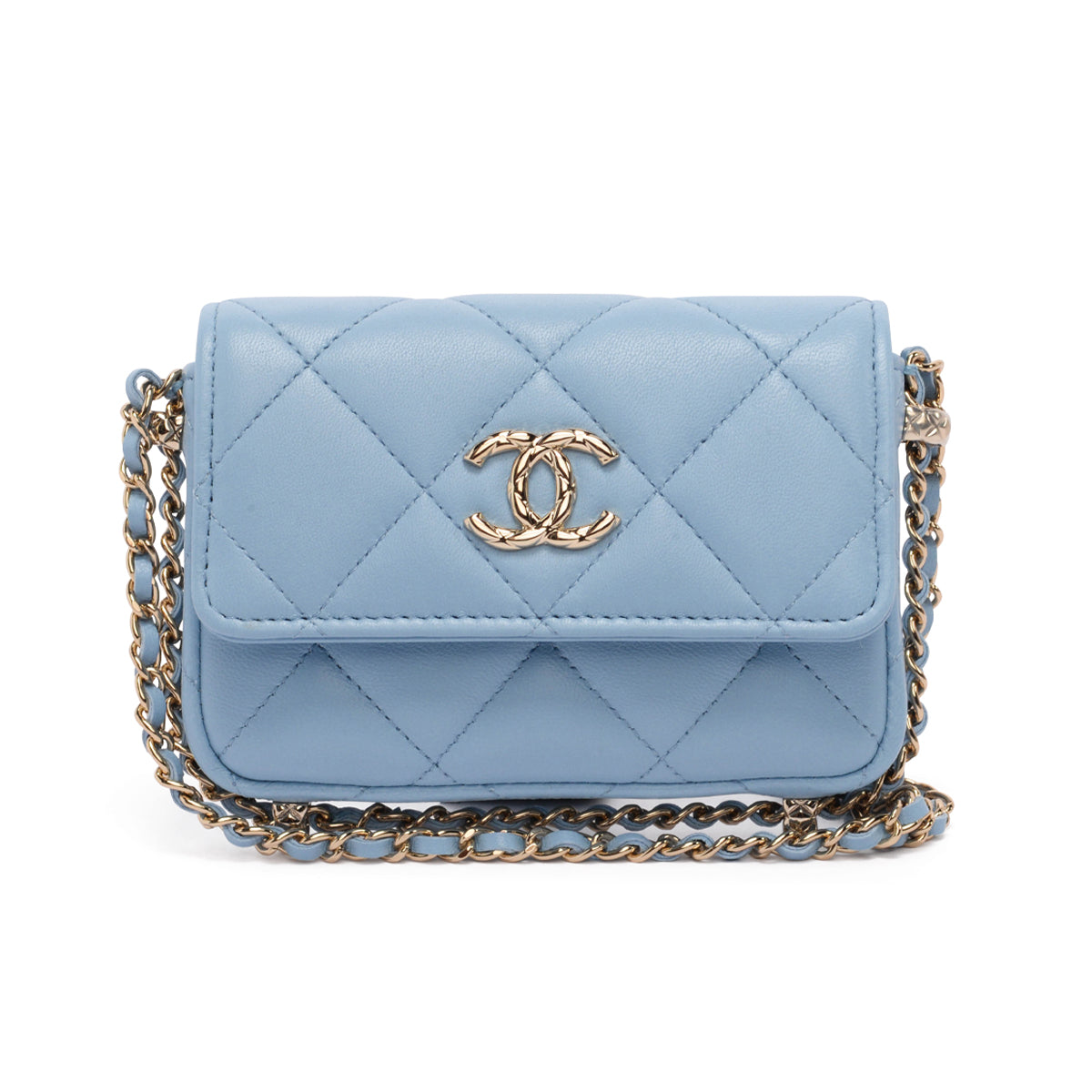 chl Light Blue Calfskin Clutch With Chain Wallet | Studio Nafay
