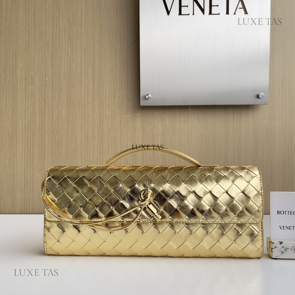 Andiamo Intrecciato Metallic Leather Long Clutch In Gold Designer Clutch for Women - Product Image 2
