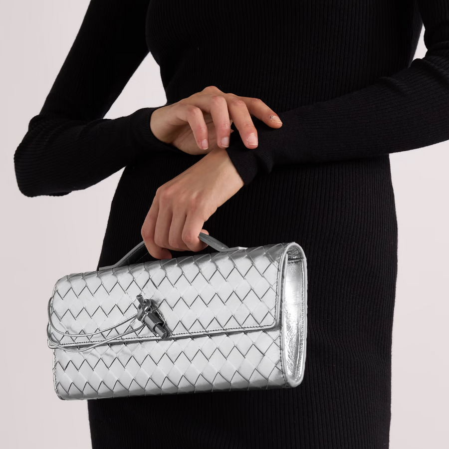 Andiamo Intrecciato Metallic Leather Long Clutch In Silver Designer Clutch for Women | Studio Nafay