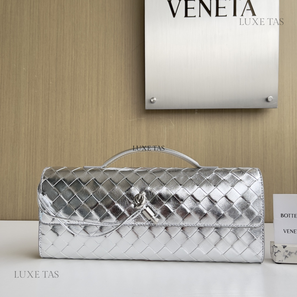 Andiamo Intrecciato Metallic Leather Long Clutch In Silver Designer Clutch for Women - Product Image 2
