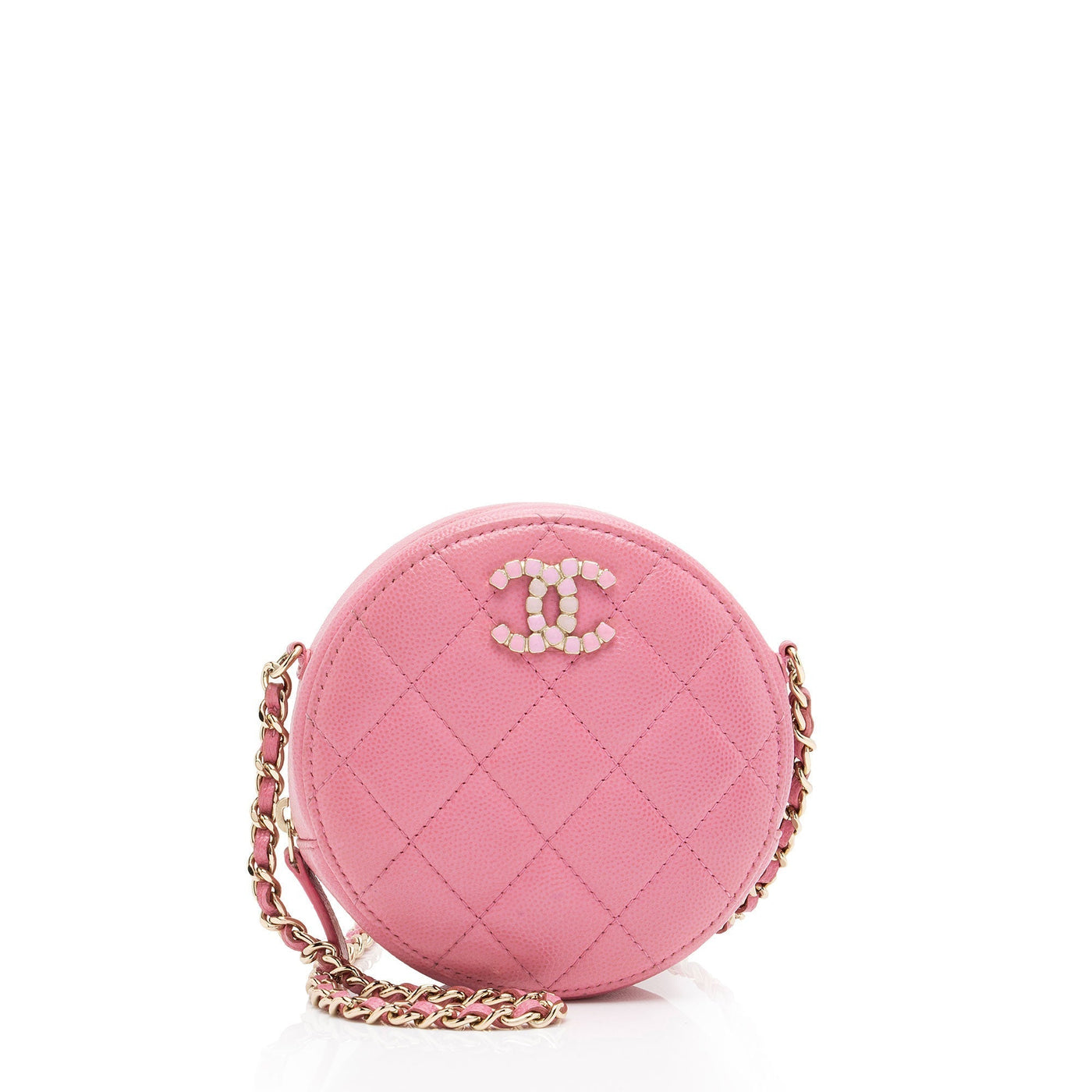 Chanel Caviar Leather Crystal CC Round Clutch with Chain | Studio Nafay