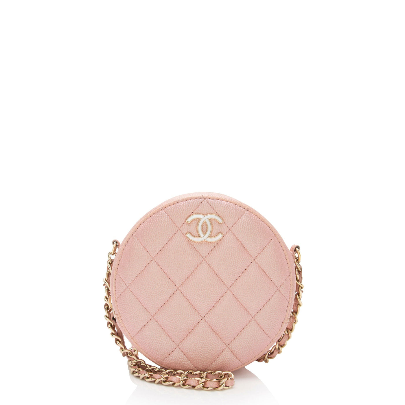 Chanel Iridescent Caviar Leather Mother of Pearl CC Round Clutch with Chain | Studio Nafay