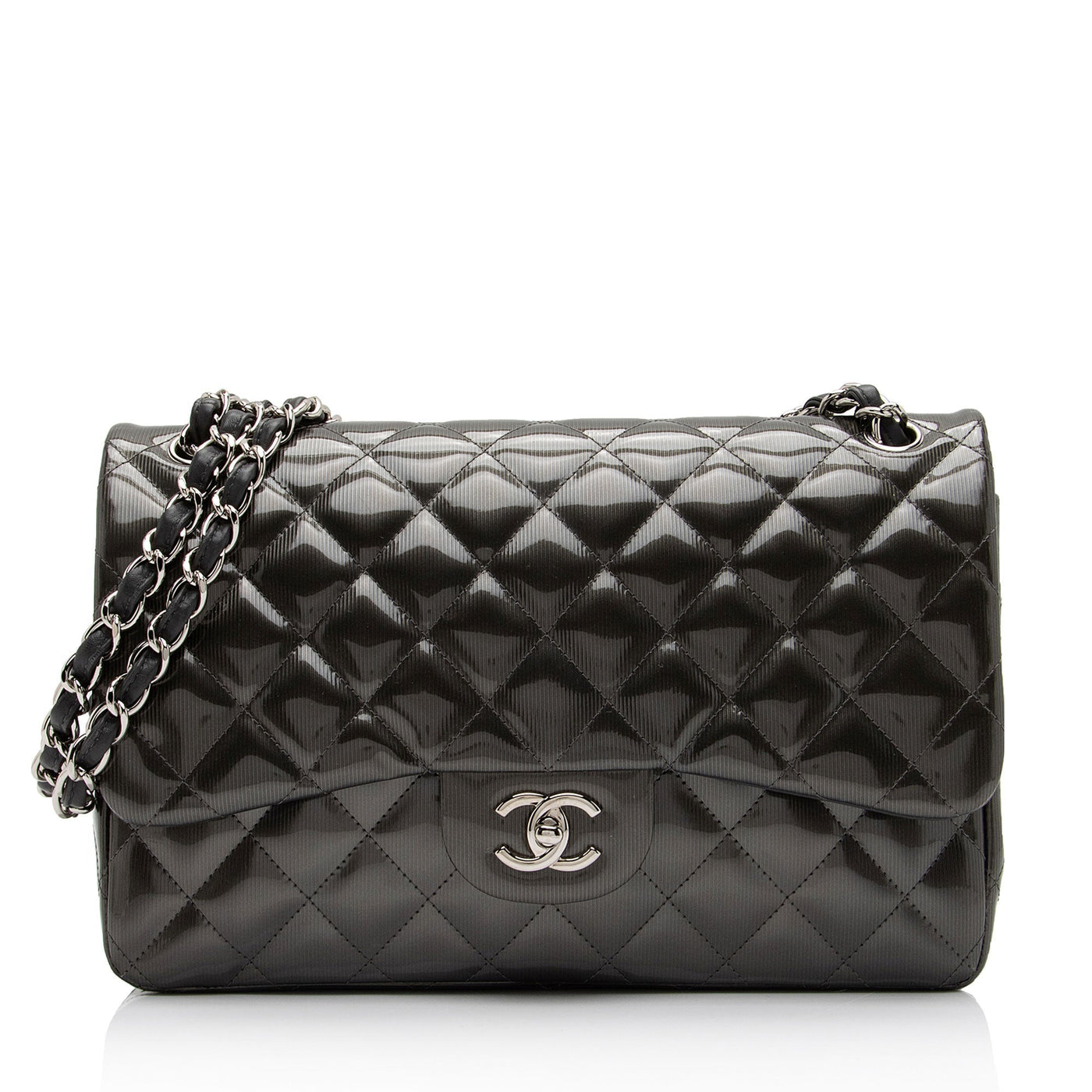 Chanel Patent Leather Stripe Classic Jumbo Double Flap Bag | Studio Nafay