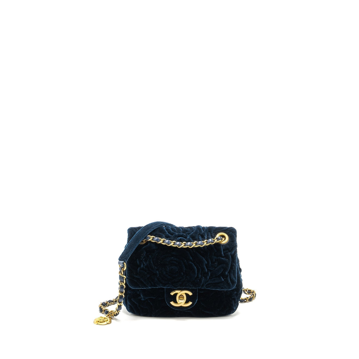 Chanel Camellia Embossed Mini Square Flap Bag Velvet Navy GHW (microchip) | Studio Nafay