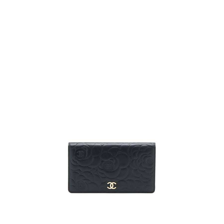 Chanel Camellia Long Flap Wallet Lambskin Black/ Gold GHW | Studio Nafay