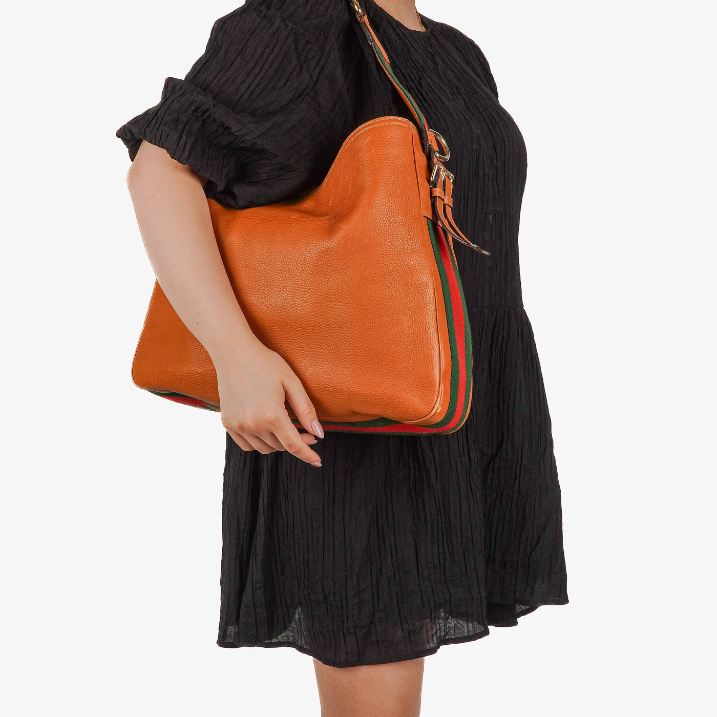 Gucci Web Striped Brown Lerahter Hobo Bag | Studio Nafay