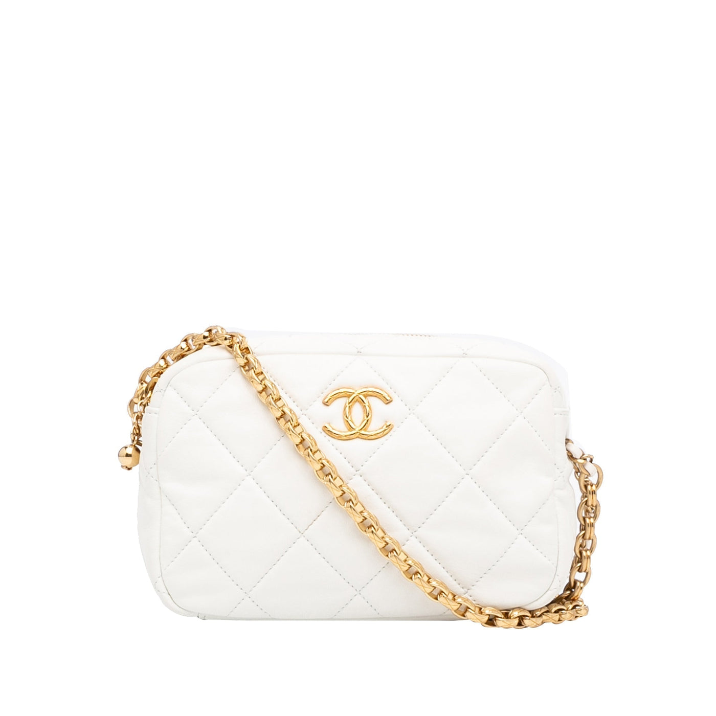 Chanel Camera Bag Small White Quilted Lambskin Gold | Studio Nafay