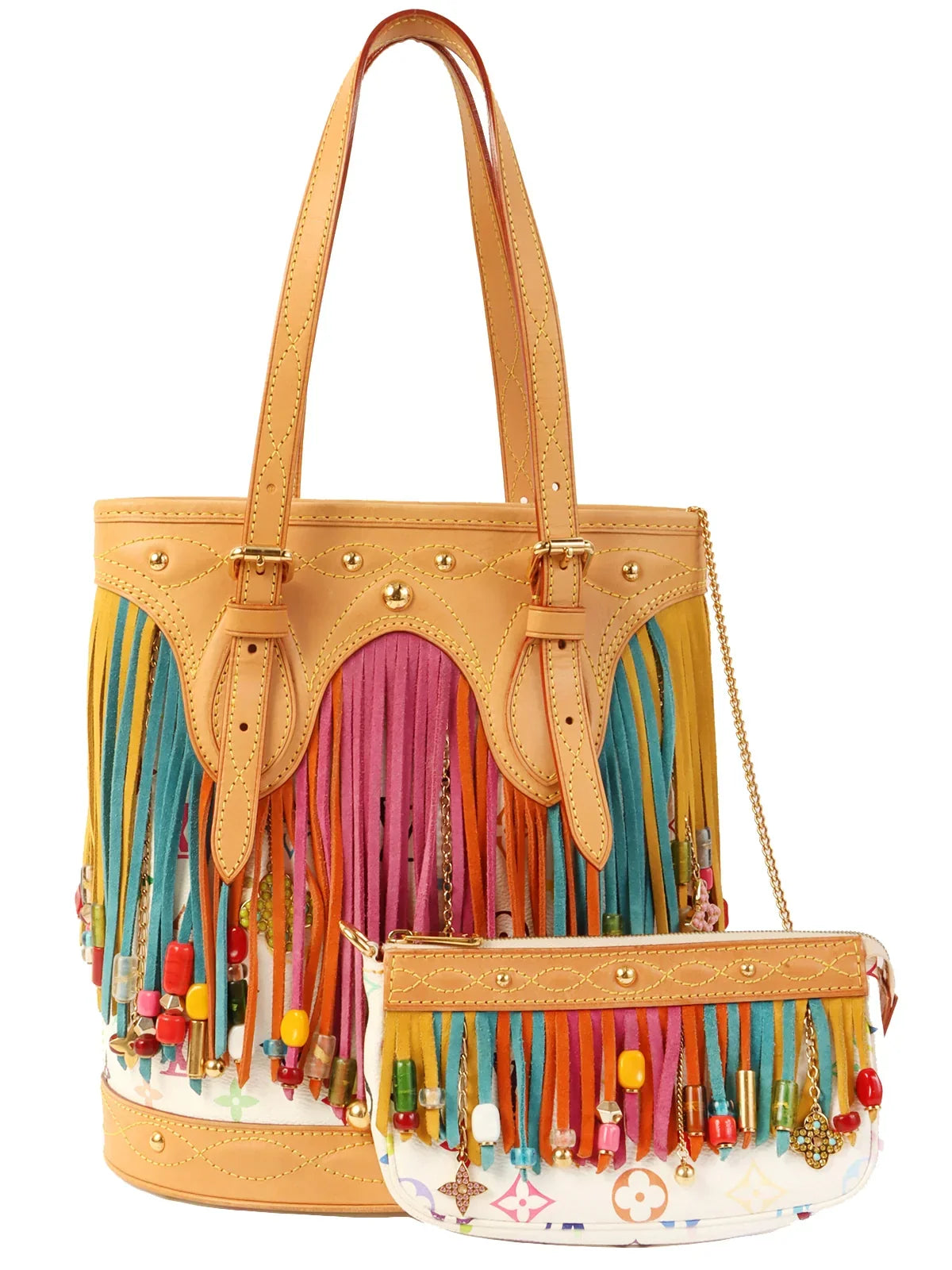 LOUIS VUITTON Made Multi Color Monogram Bucket Fringe?Blanc/Multi in Blanc / Multicolor
