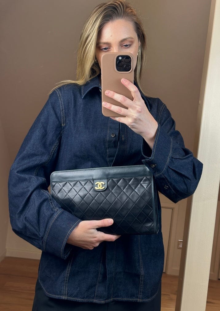 Chanel Navy Leather Clutch Bag With 24K Gold Plated Hardware - Product Image 8