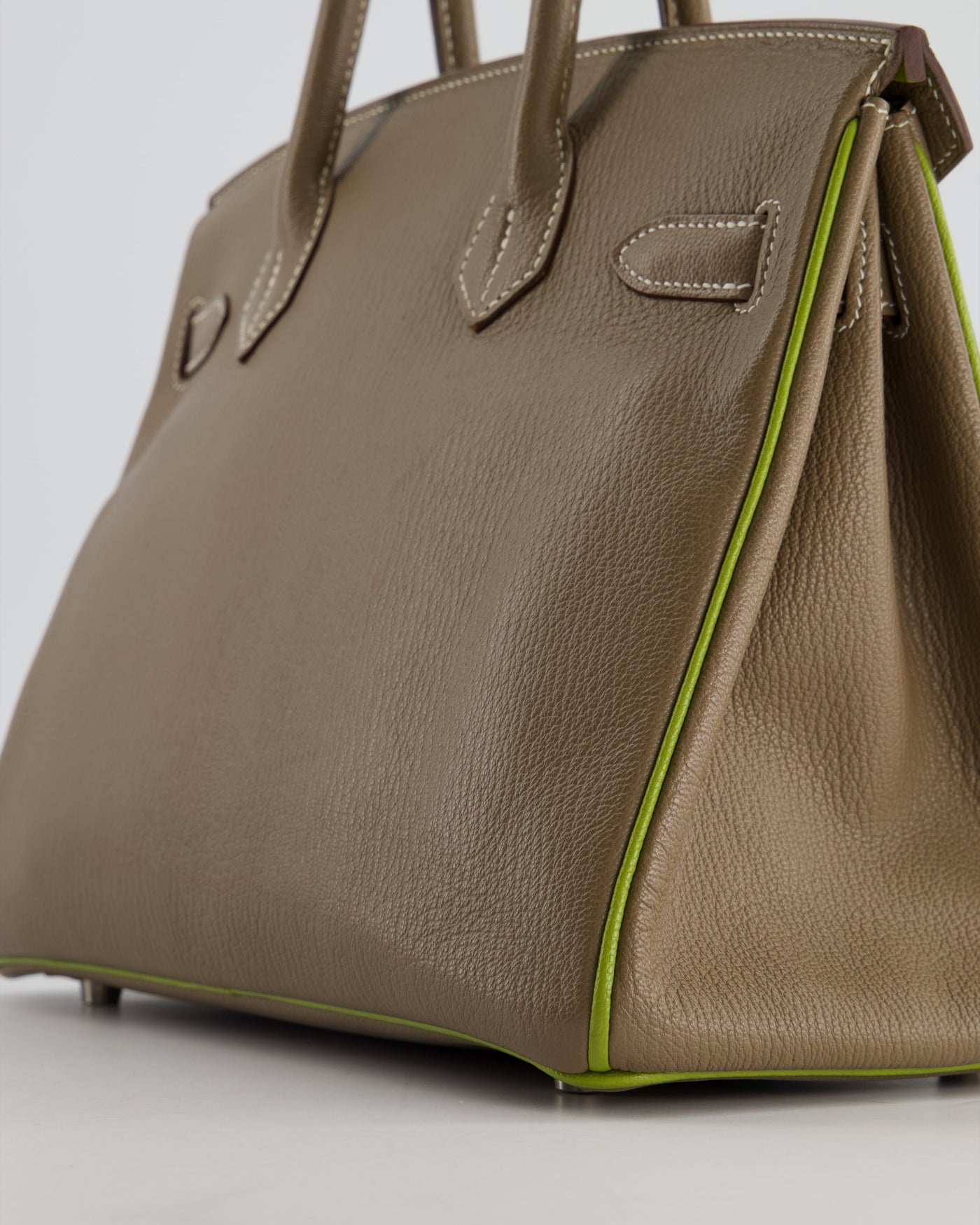Hermes HSS Birkin 30 Retourne Bag in Etoupe & Vert Anis Chèvre Mysore with Brushed Palladium Hardware - Product Image 15