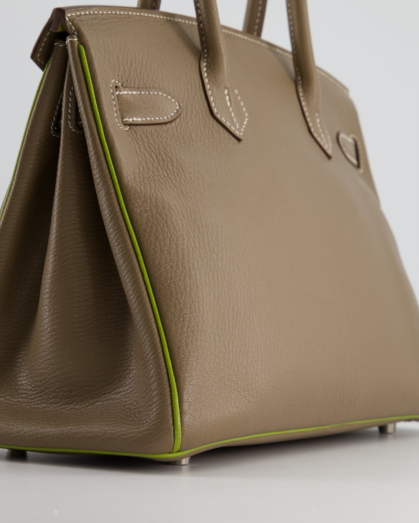 Hermes HSS Birkin 30 Retourne Bag in Etoupe & Vert Anis Chèvre Mysore with Brushed Palladium Hardware - Product Image 14