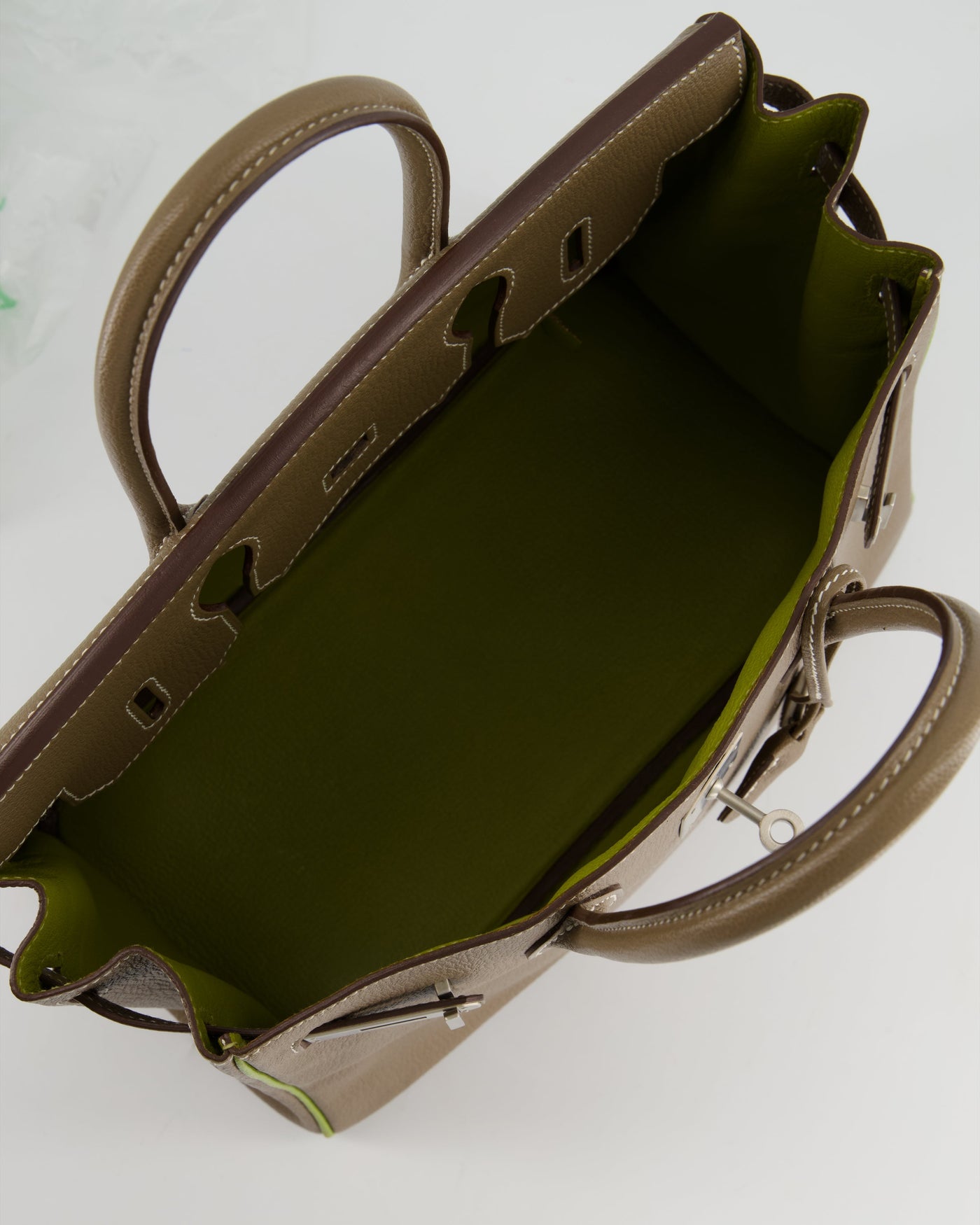 Hermes HSS Birkin 30 Retourne Bag in Etoupe & Vert Anis Chèvre Mysore with Brushed Palladium Hardware - Product Image 22
