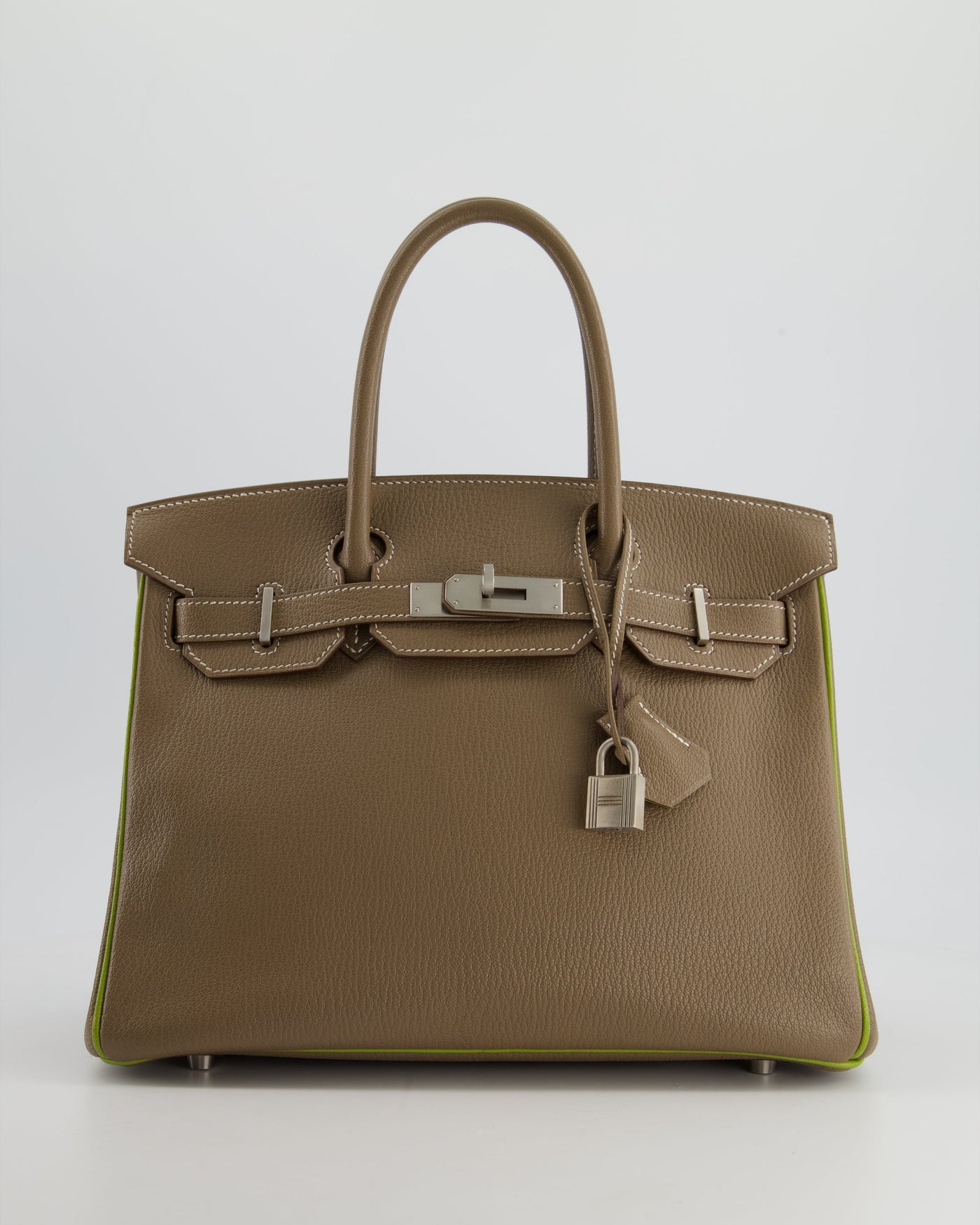 Hermes HSS Birkin 30 Retourne Bag in Etoupe & Vert Anis Chèvre Mysore with Brushed Palladium Hardware | Studio Nafay