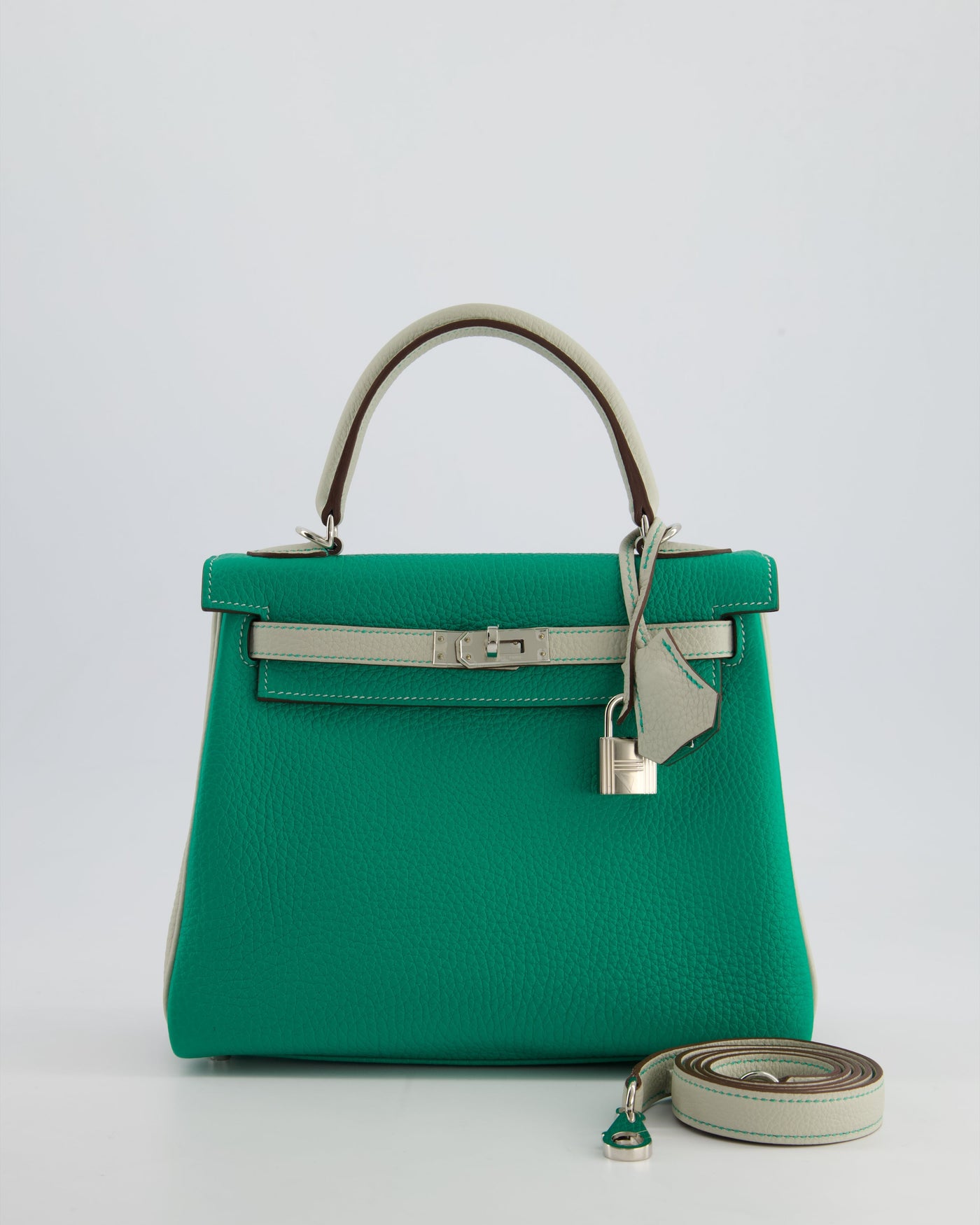 *SUPER RARE* Hermes HSS Kelly 25 Retourne Bag in Vert Vertigo & Gris Perle Togo Leather with Palladium Hardware & Contrast Stitching | Studio Nafay