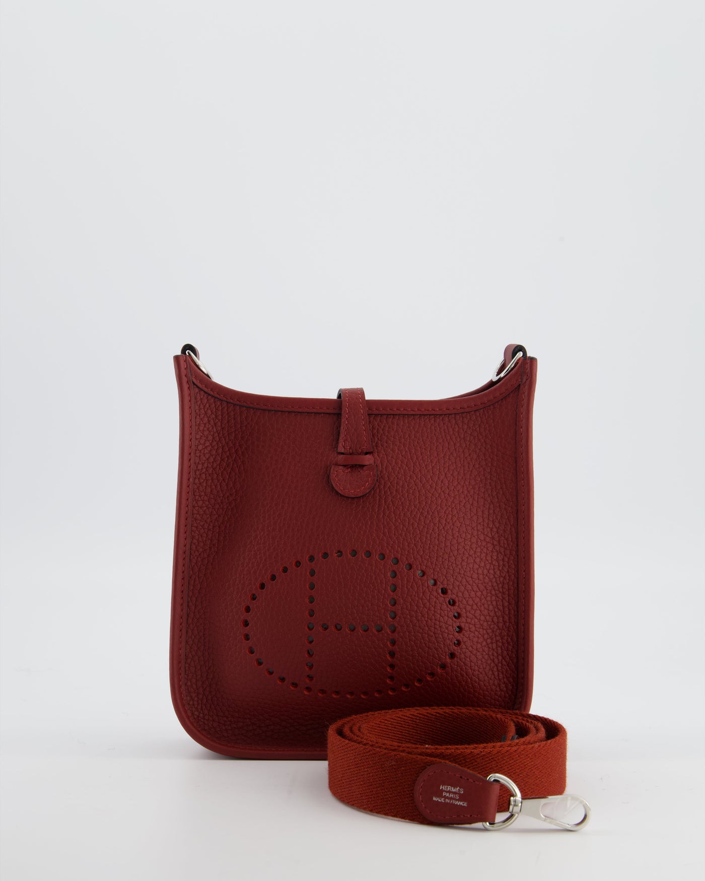 Hermes Mini Evelyne Bag in Rouge H in Clemence Leather with Palladium Hardware | Studio Nafay
