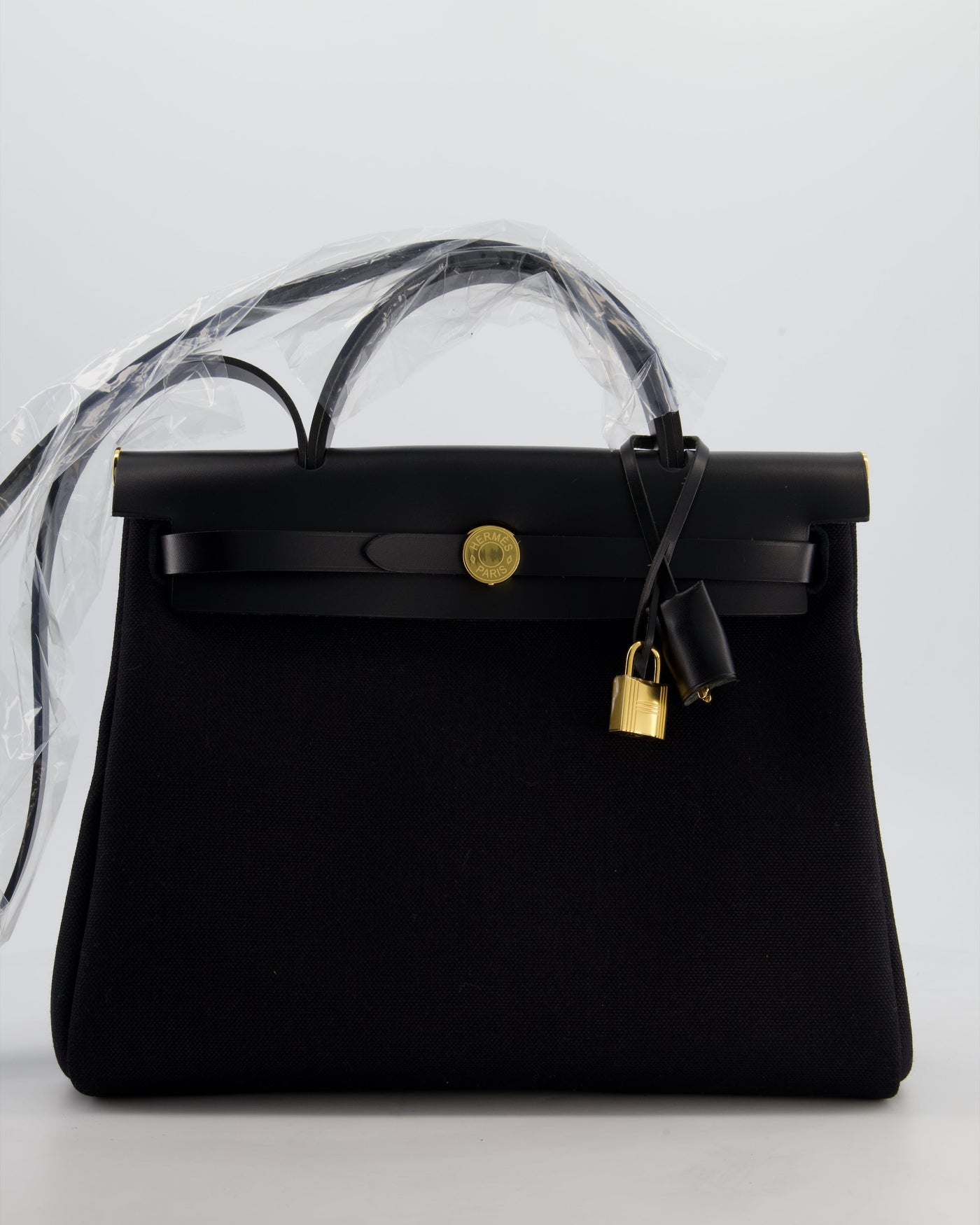 Hermes Herbag 31 Zip Bag in Noir Toile Officier Canvas, Noir Vache Hunter Leather with Gold Hardware | Studio Nafay