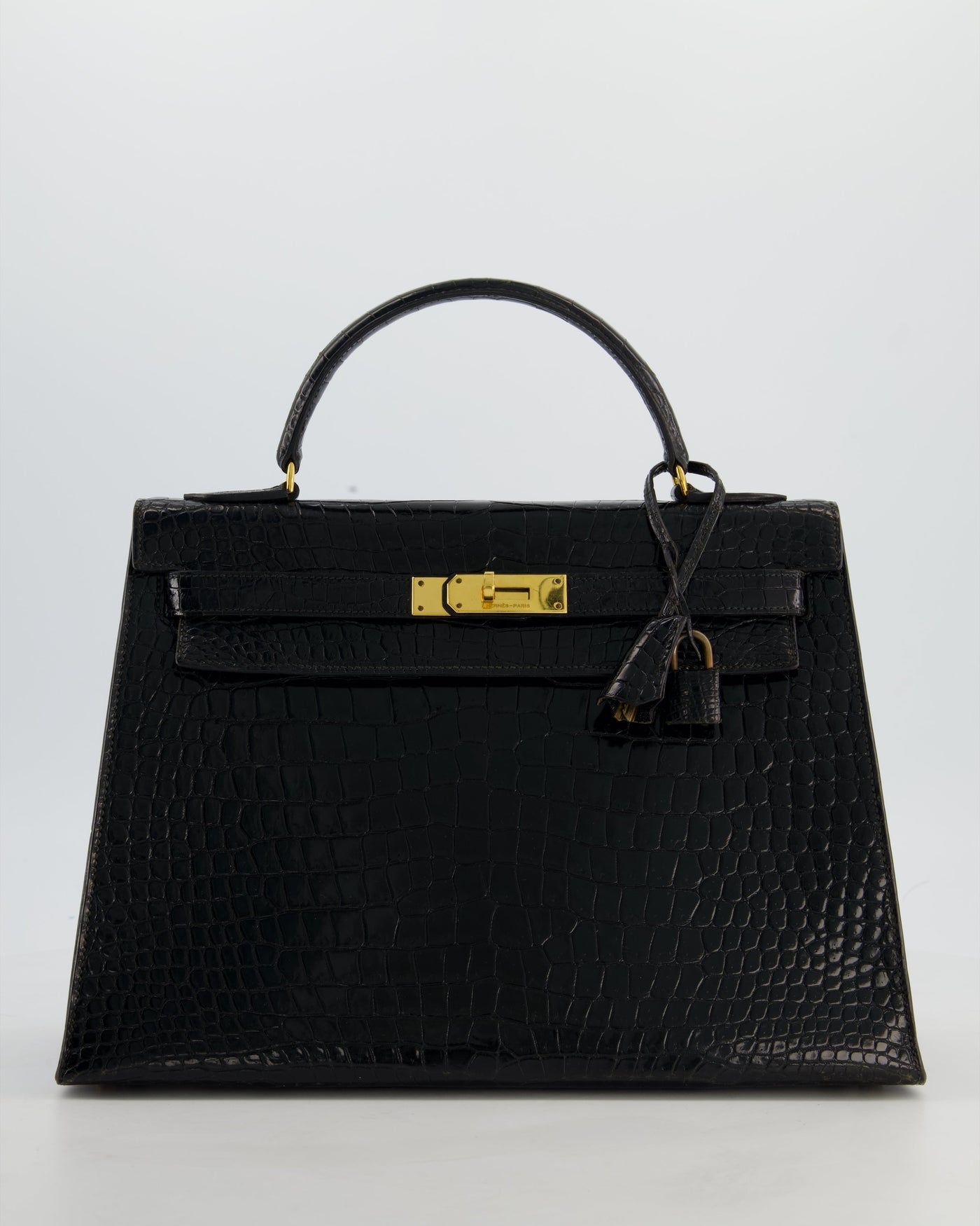 *HOT* Hermes Kelly 32 Sellier Bag in Noir Porosus Crocodile Leather with Gold Hardware | Studio Nafay