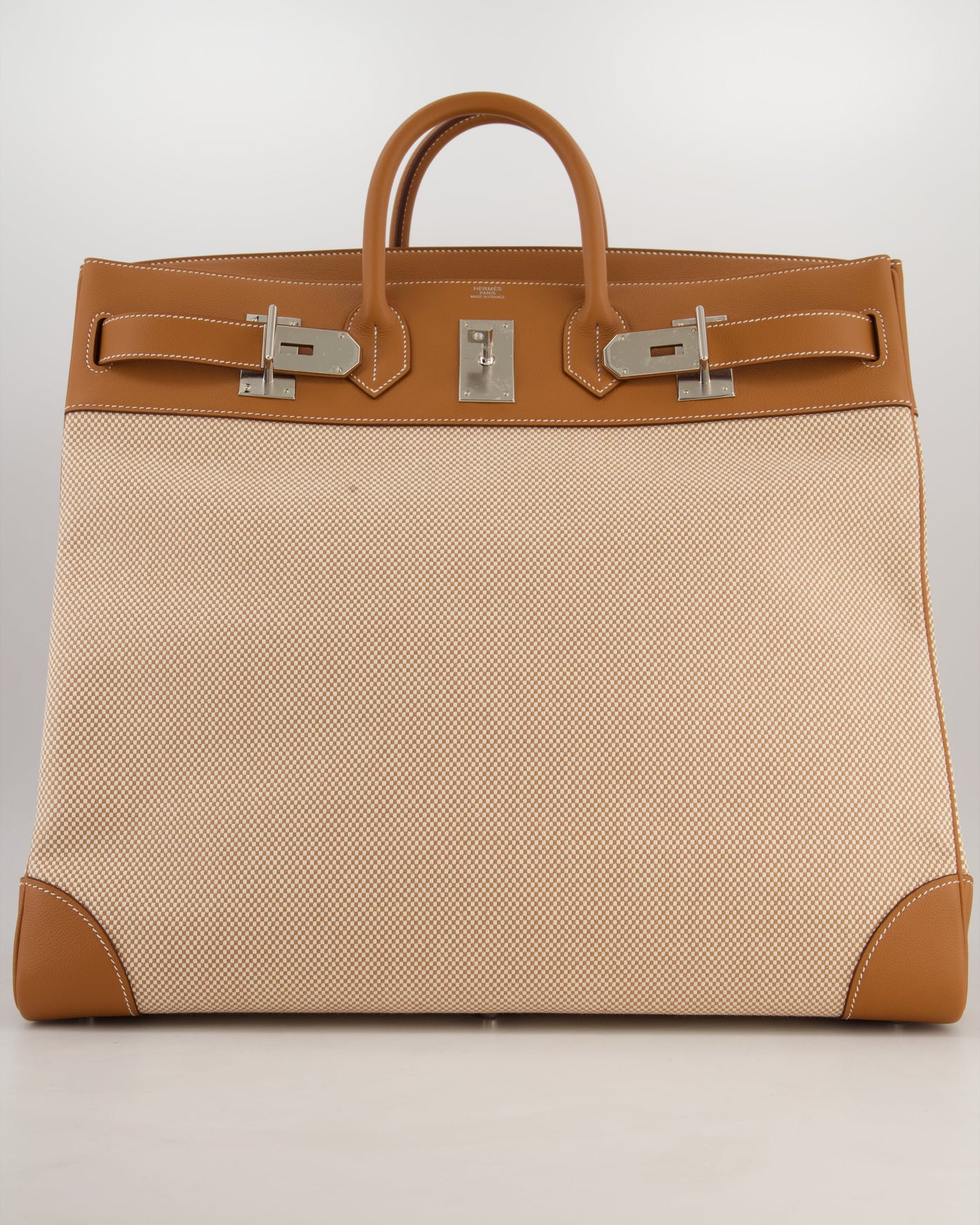 *RARE* Hermes Haut à Courroies HAC 50 Bag in Gold Evercolour Leather & Écru/Beige Toile Cross Canvas with Palladium Hardware - Product Image 22