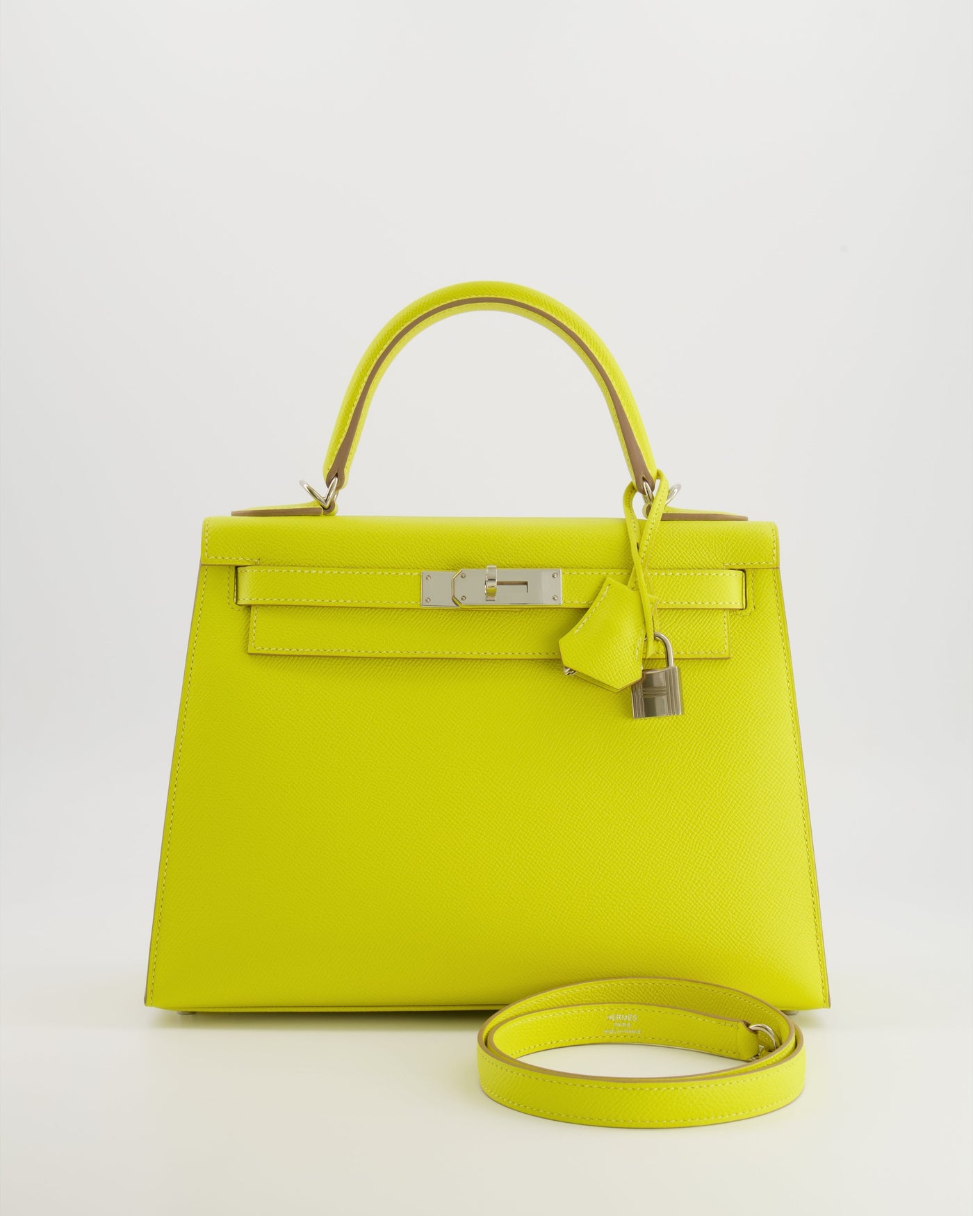 Hermes Kelly 28 Sellier Bag in Lime Epsom Leather with Palladium Hardware | Studio Nafay