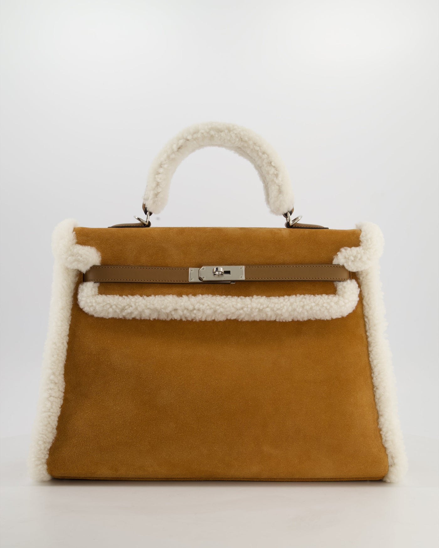 Hermes Kelly 35 Teddy Plush Grizzly Bag in Alezan Swift Leather, Ecru Plush & Chamois Grizzly Suede Leather with Palladium Hardware - Product Image 23
