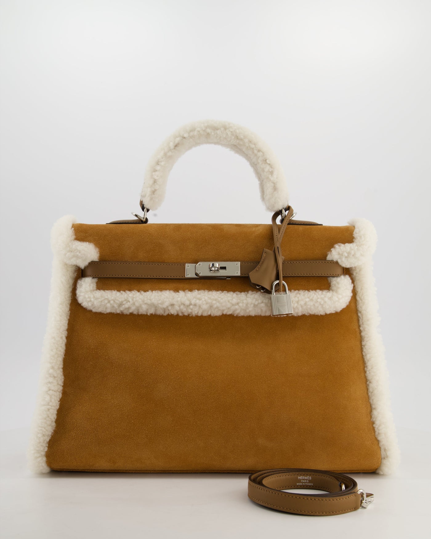 Hermes Kelly 35 Teddy Plush Grizzly Bag in Alezan Swift Leather, Ecru Plush & Chamois Grizzly Suede Leather with Palladium Hardware - Product Image 24