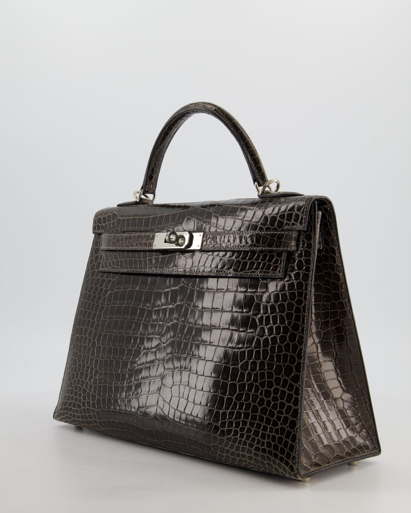 Hermes Kelly 32 Sellier Bag in Graphite Shiny Porosus Crocodile Leather with Palladium Hardware - Product Image 9