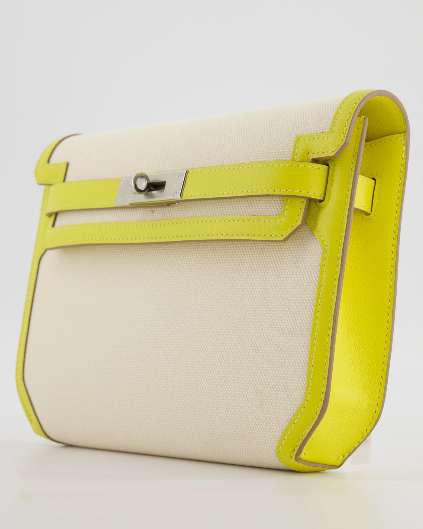 Hermes Kelly Depeches 25 Verso Bag in Ecru Canvas and Jaune Citron Chèvre with Palladium Hardware - Product Image 11