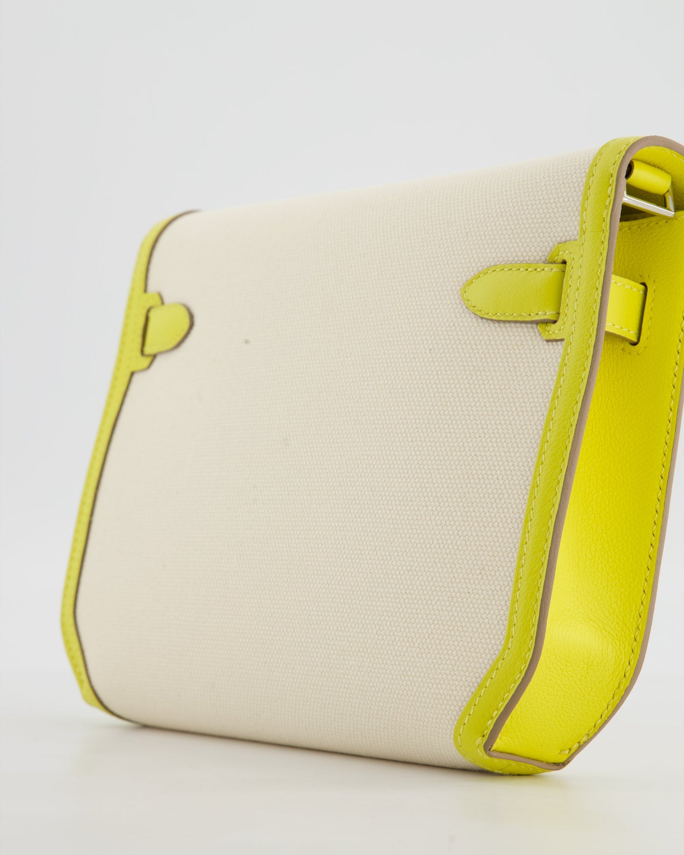 Hermes Kelly Depeches 25 Verso Bag in Ecru Canvas and Jaune Citron Chèvre with Palladium Hardware - Product Image 12