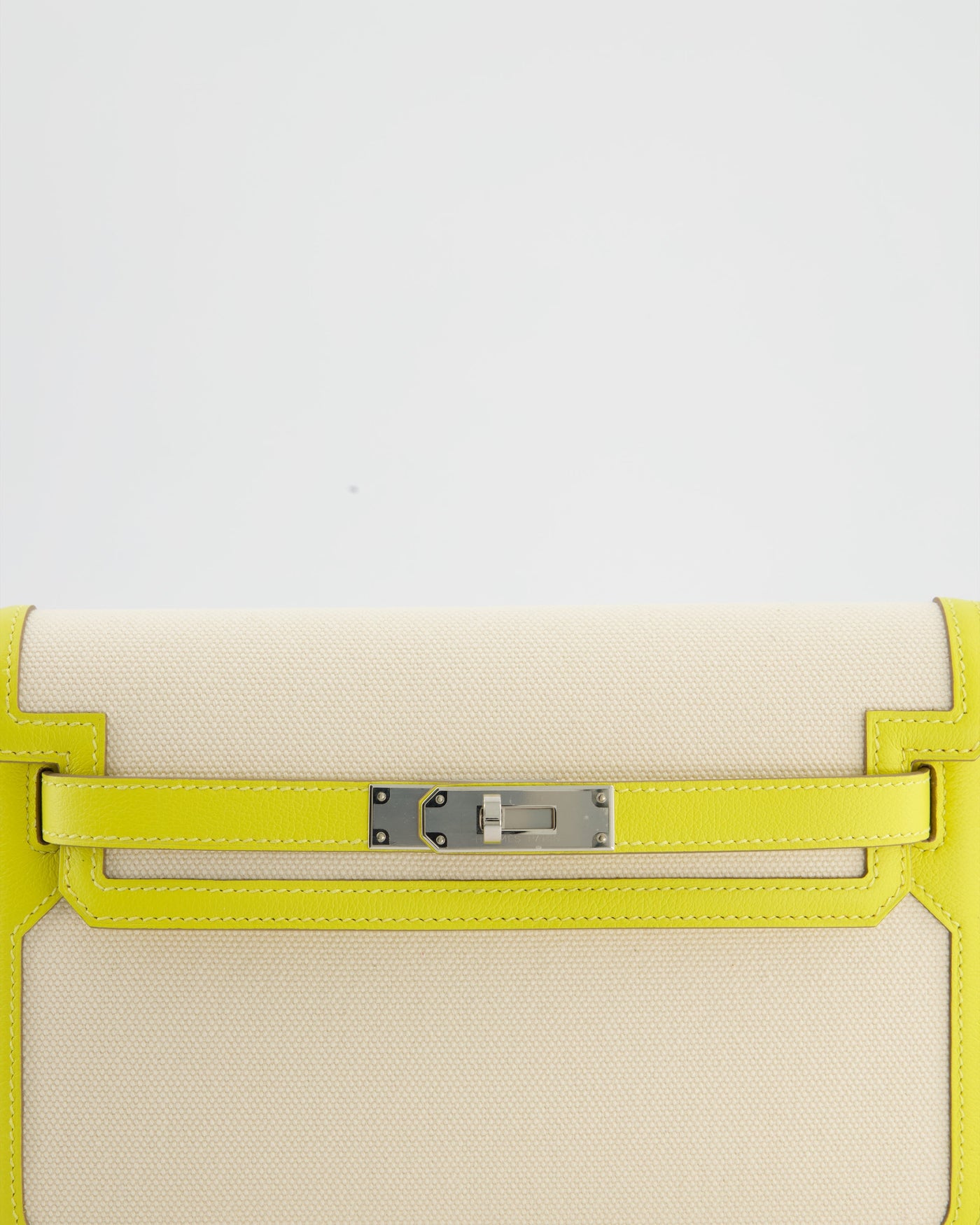 Hermes Kelly Depeches 25 Verso Bag in Ecru Canvas and Jaune Citron Chèvre with Palladium Hardware - Product Image 14