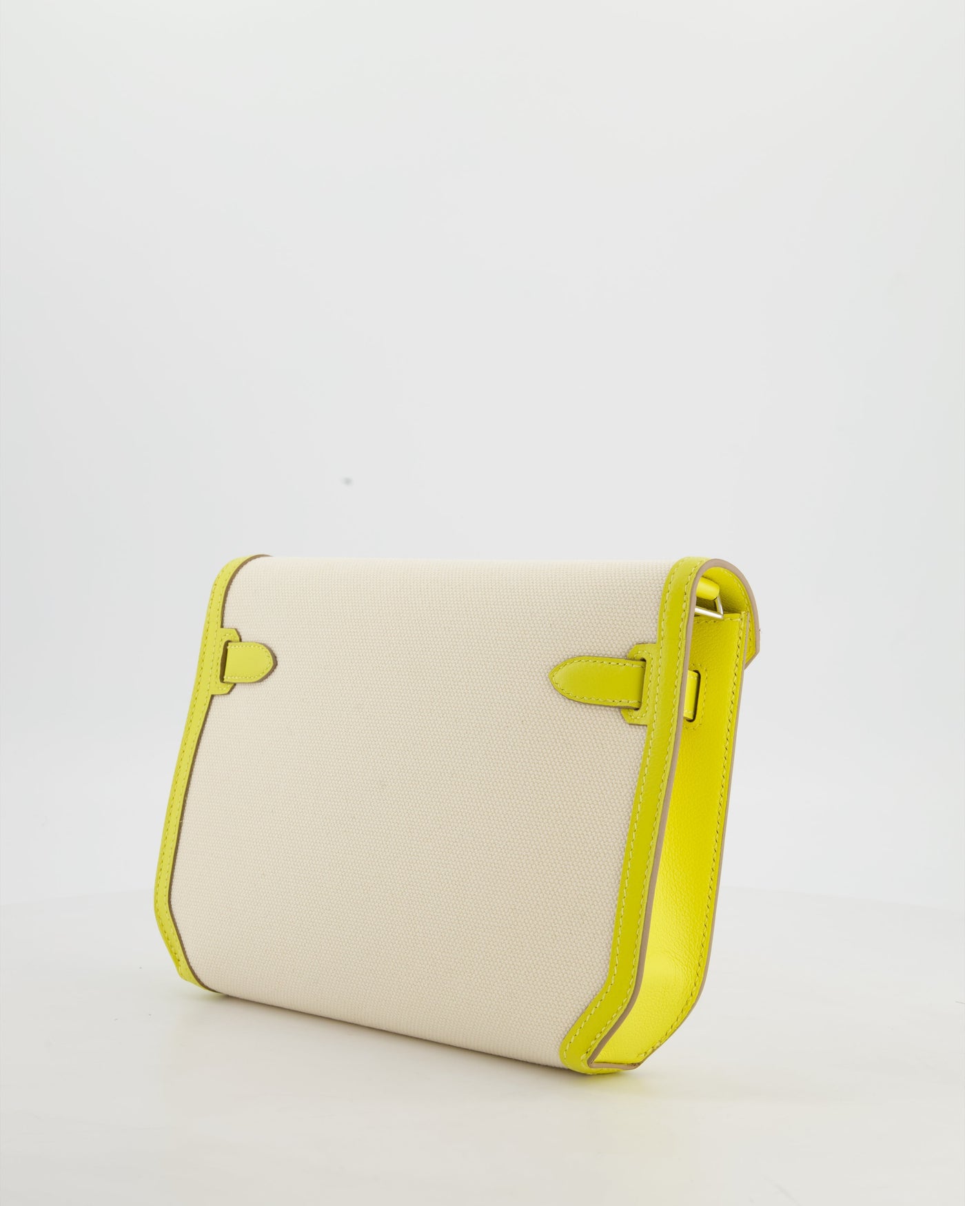 Hermes Kelly Depeches 25 Verso Bag in Ecru Canvas and Jaune Citron Chèvre with Palladium Hardware - Product Image 5