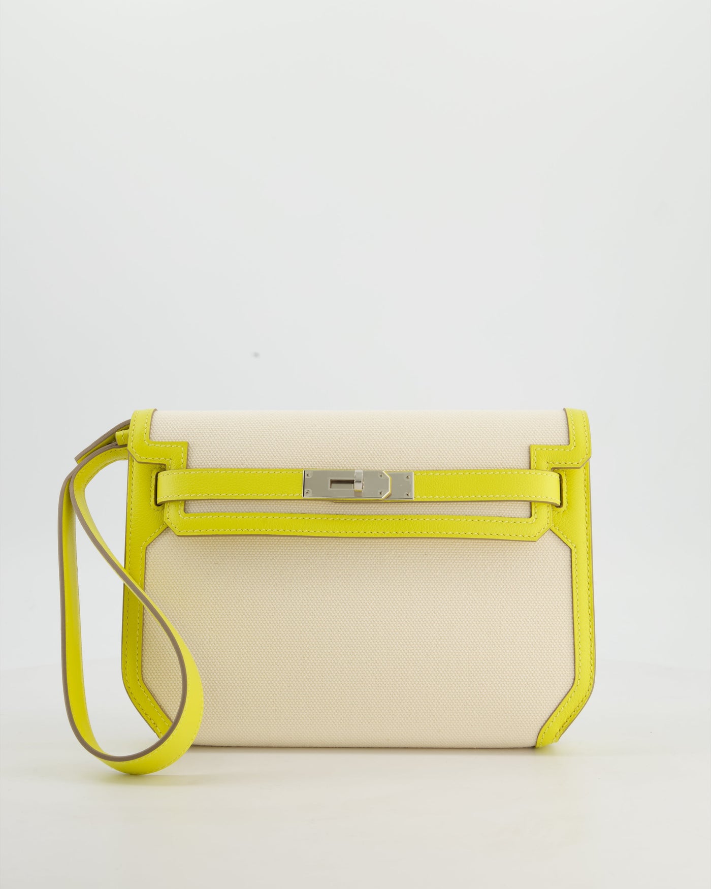 Hermes Kelly Depeches 25 Verso Bag in Ecru Canvas and Jaune Citron Chèvre with Palladium Hardware | Studio Nafay