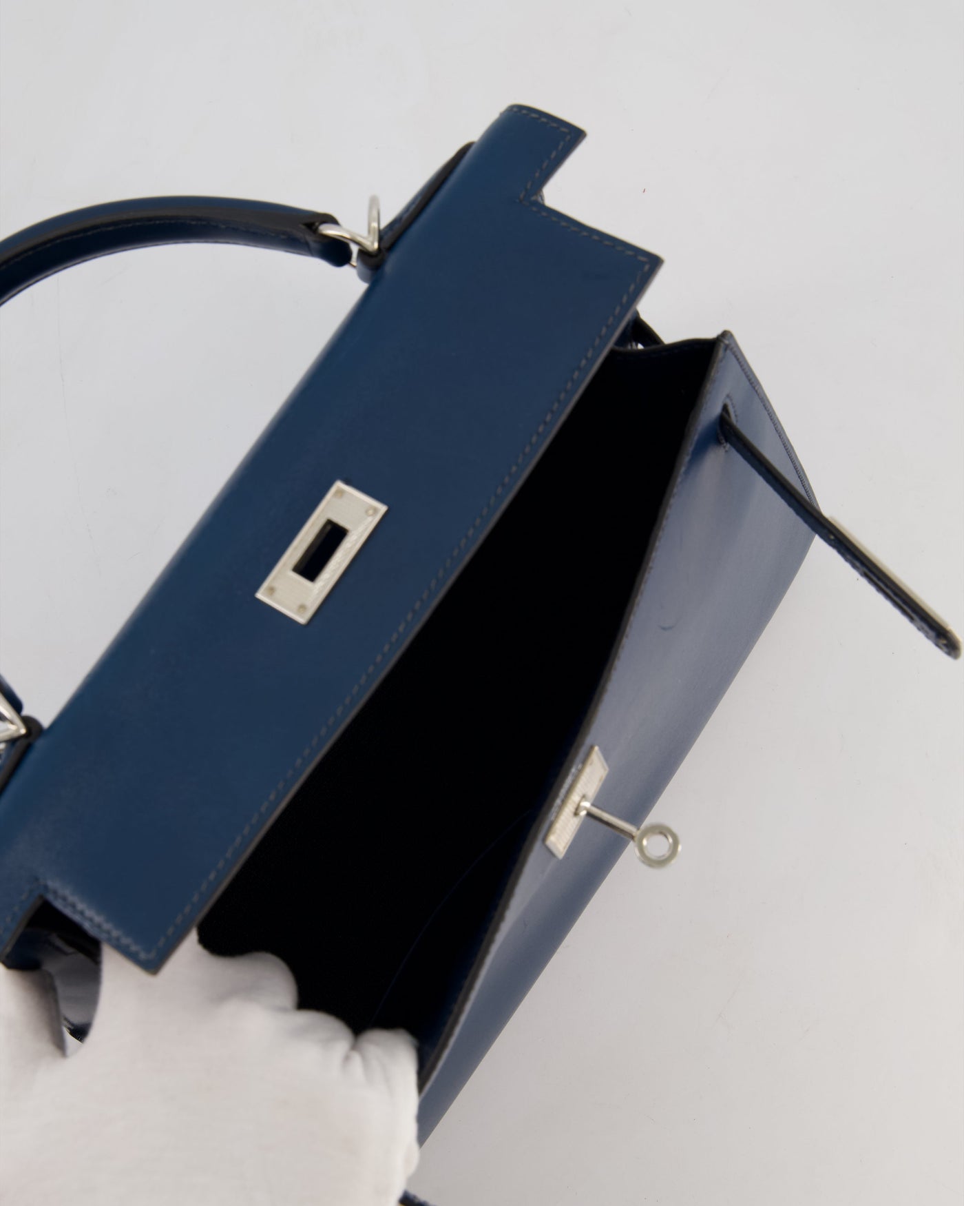 *VERY RARE* Hermes Kelly 28 Sellier Bag in Bleu De Prusse Box Calf Leather with Guilloche Palladium Hardware - Product Image 22
