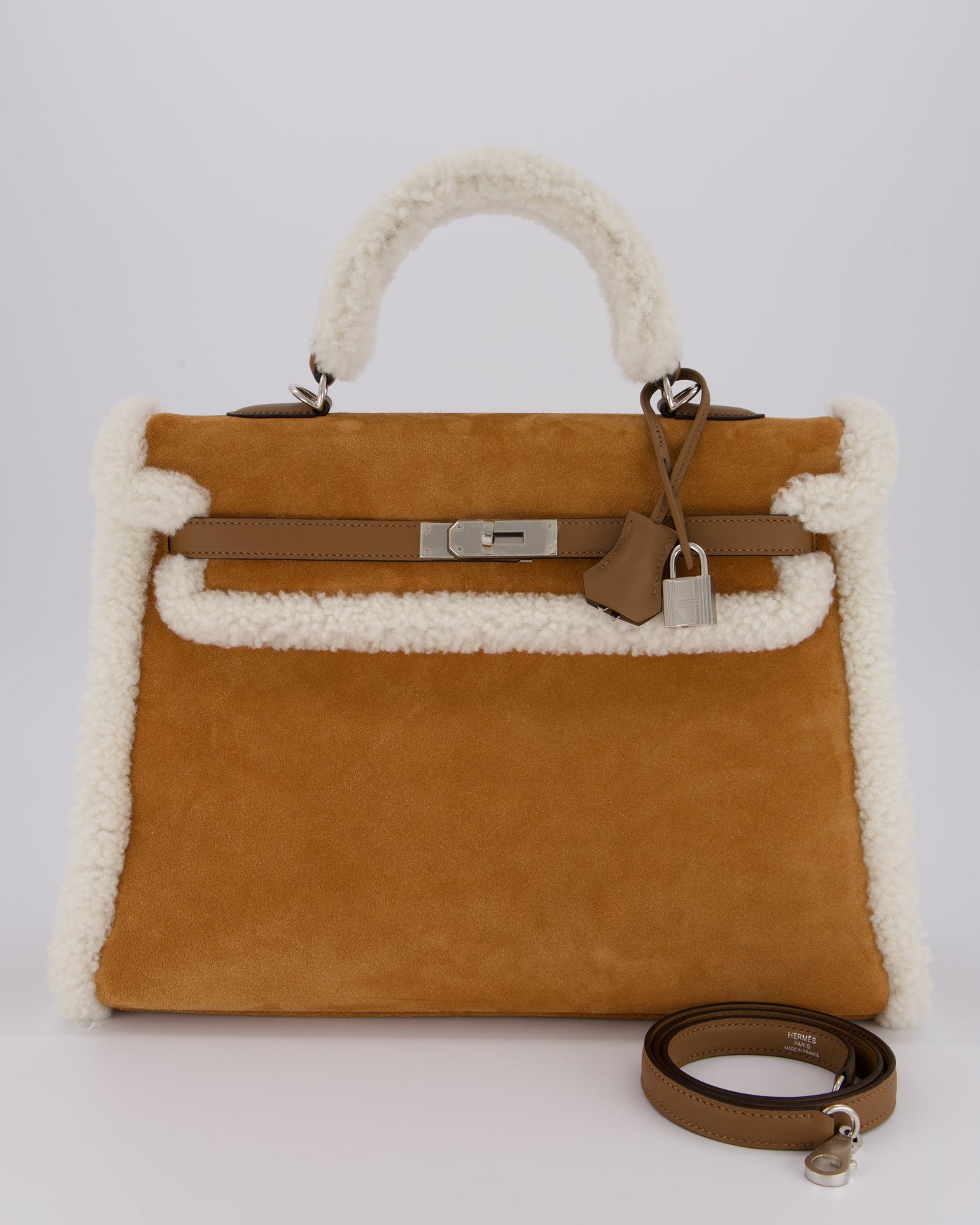 Hermes Kelly 35 Teddy Plush Grizzly Bag in Alezan Swift Leather, Ecru Plush & Chamois Grizzly Suede Leather with Palladium Hardware - Product Image 3
