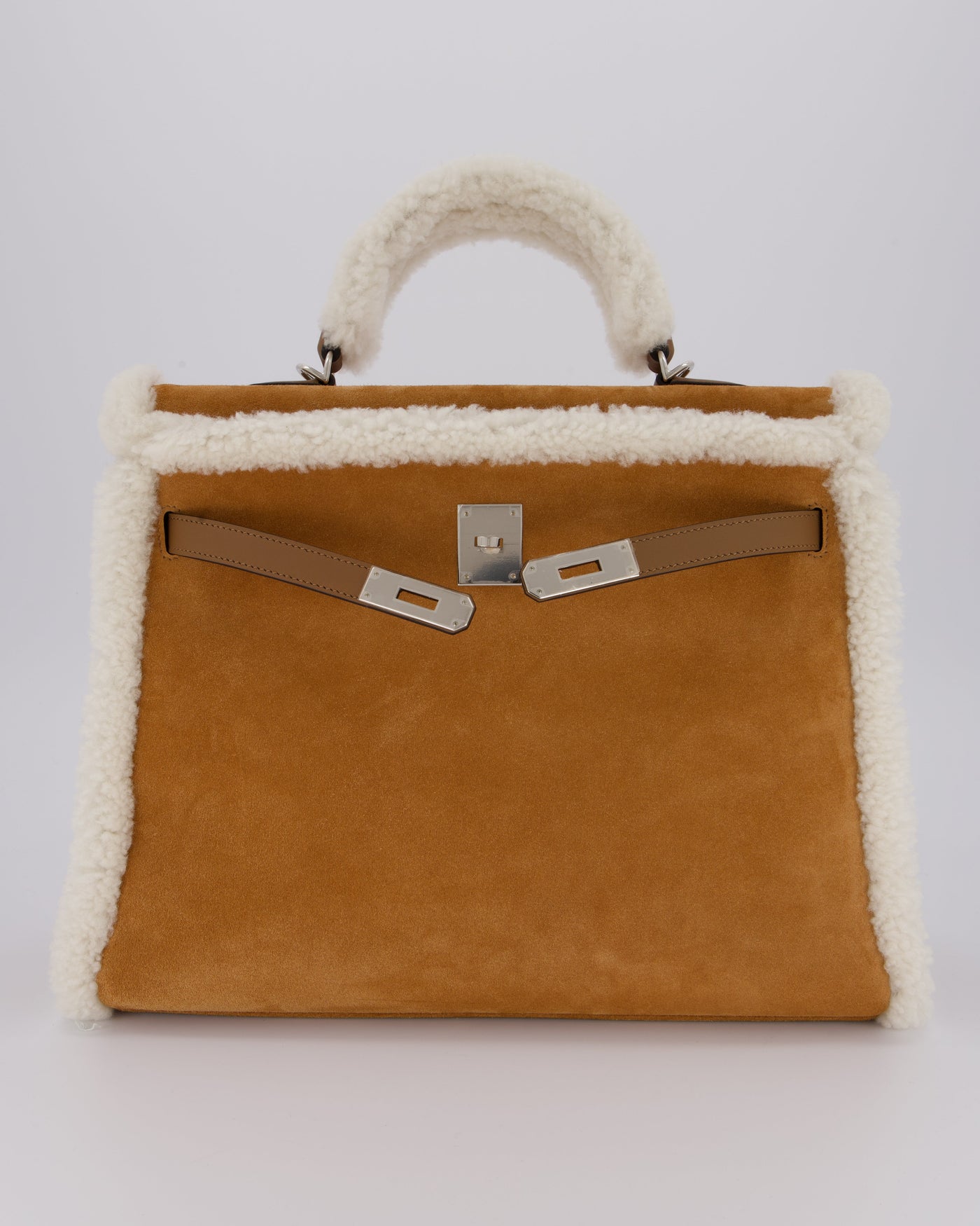 Hermes Kelly 35 Teddy Plush Grizzly Bag in Alezan Swift Leather, Ecru Plush & Chamois Grizzly Suede Leather with Palladium Hardware - Product Image 5