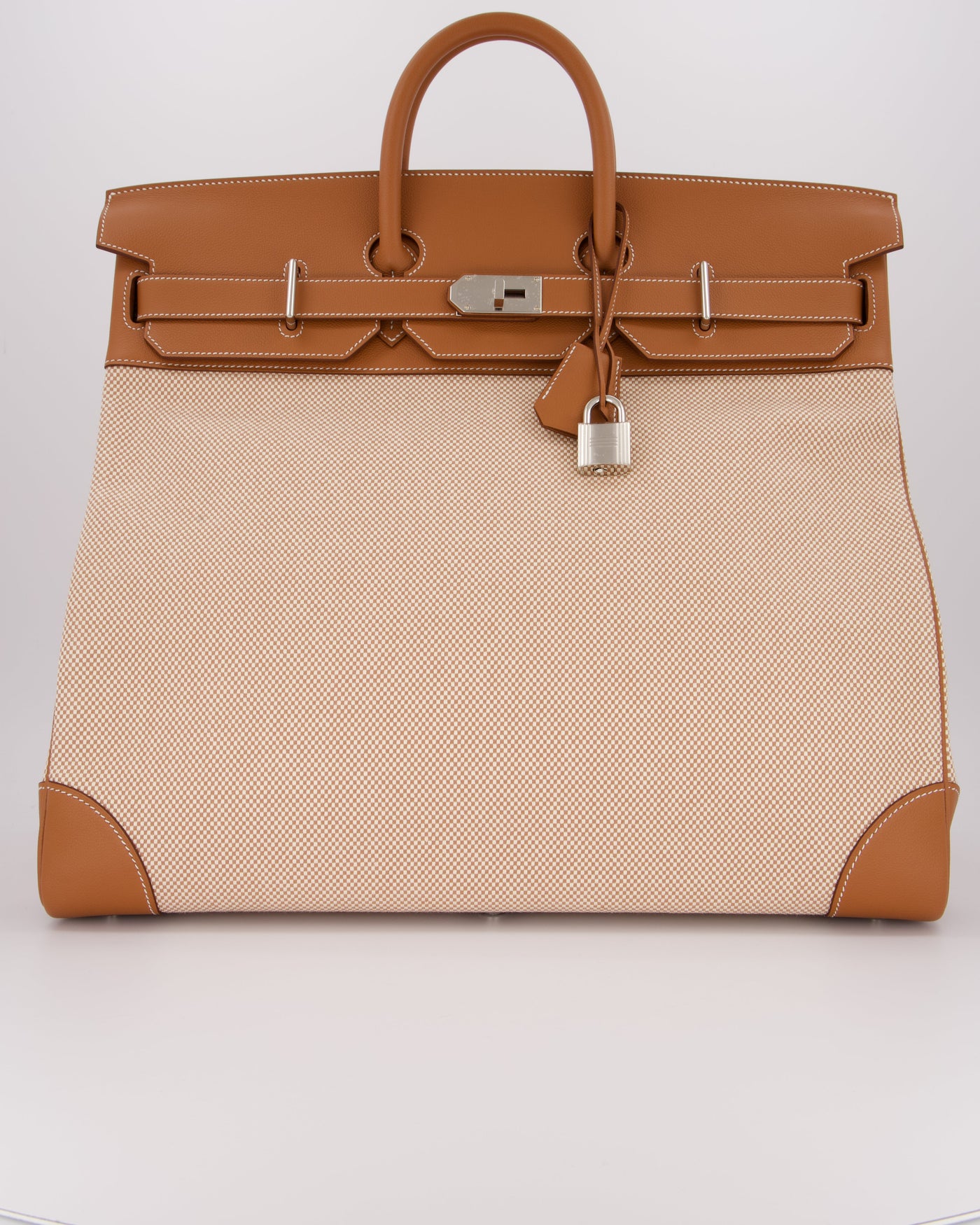 *RARE* Hermes Haut à Courroies HAC 50 Bag in Gold Evercolour Leather & Écru/Beige Toile Cross Canvas with Palladium Hardware | Studio Nafay